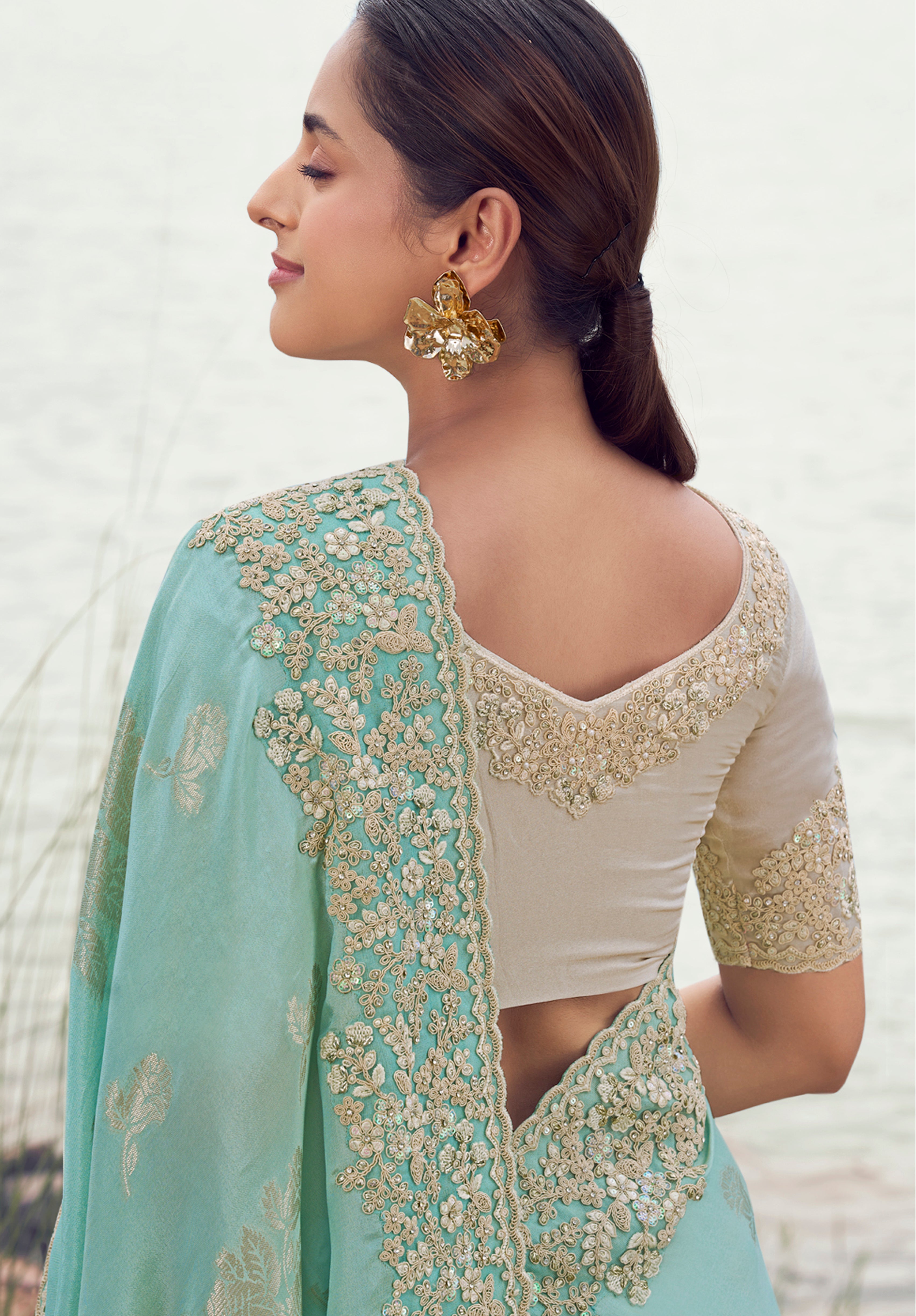 Sky Blue Saree With Jacquard Woven With Embroidered Border & Blouse