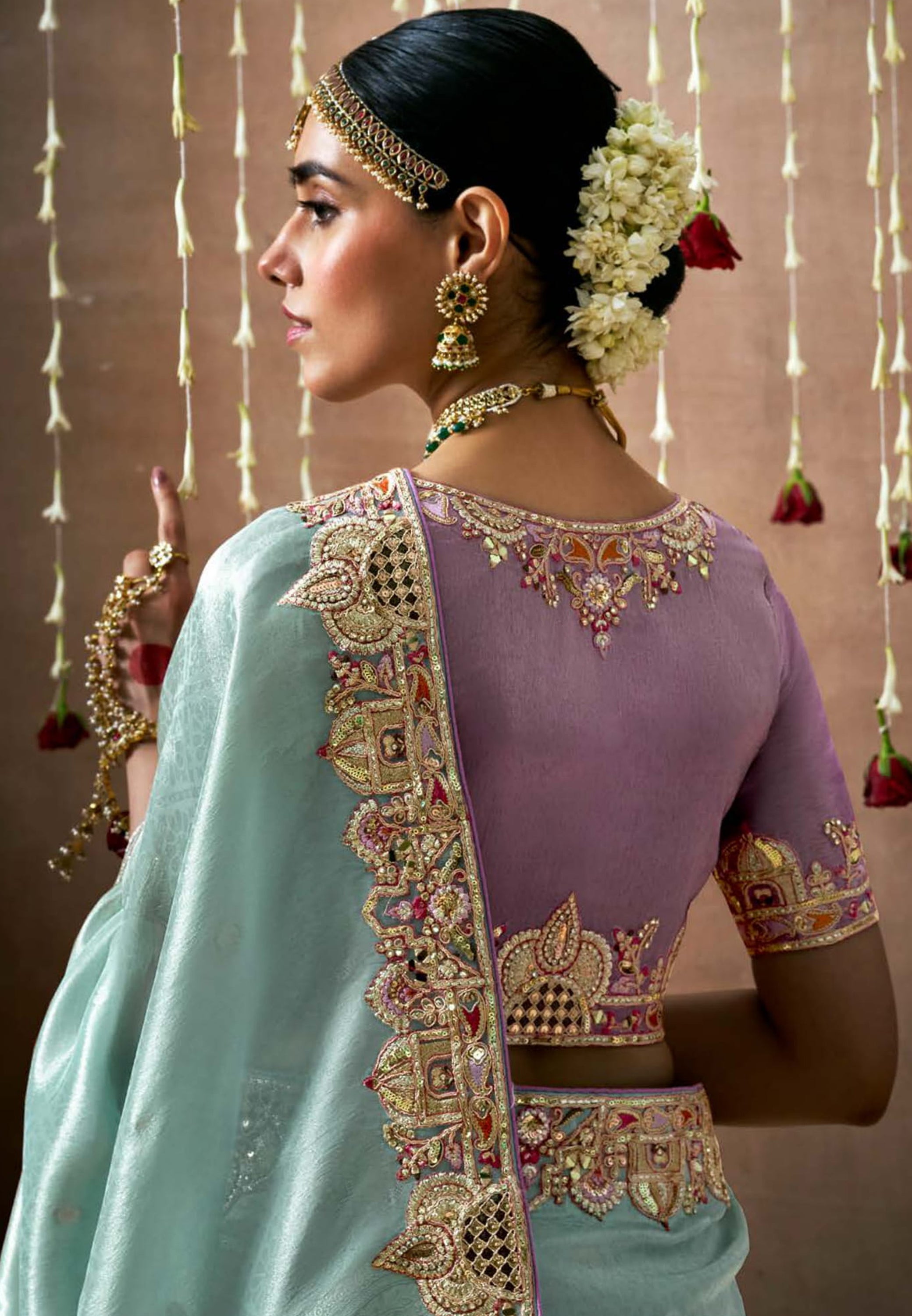 Sky Blue Saree With Jacquard Woven With Heavy Thread Embroidery Sequins Work
