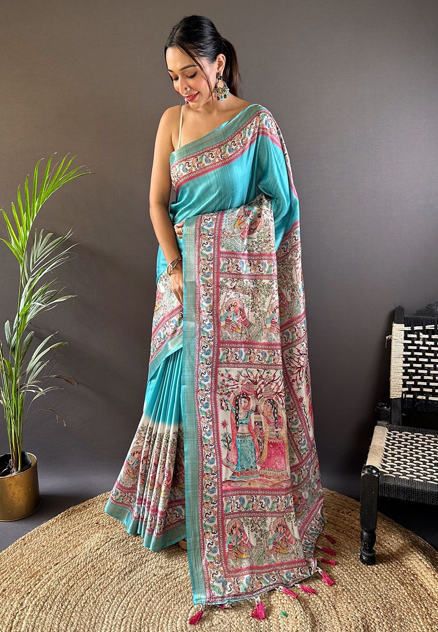 Sky Blue Silk Blend Madhubani Printed Saree