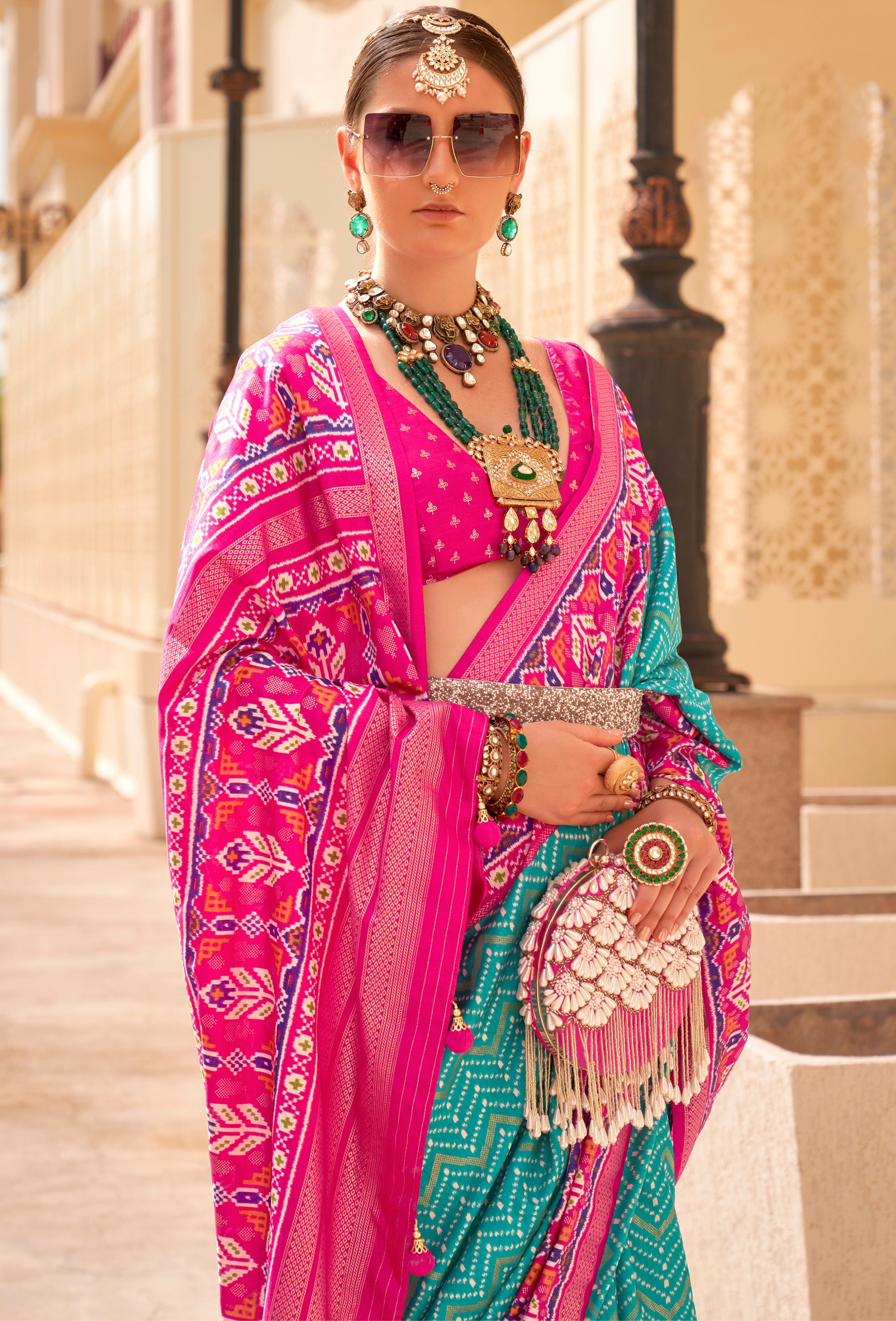 Sky Blue Silk Saree With Digital Patola Print