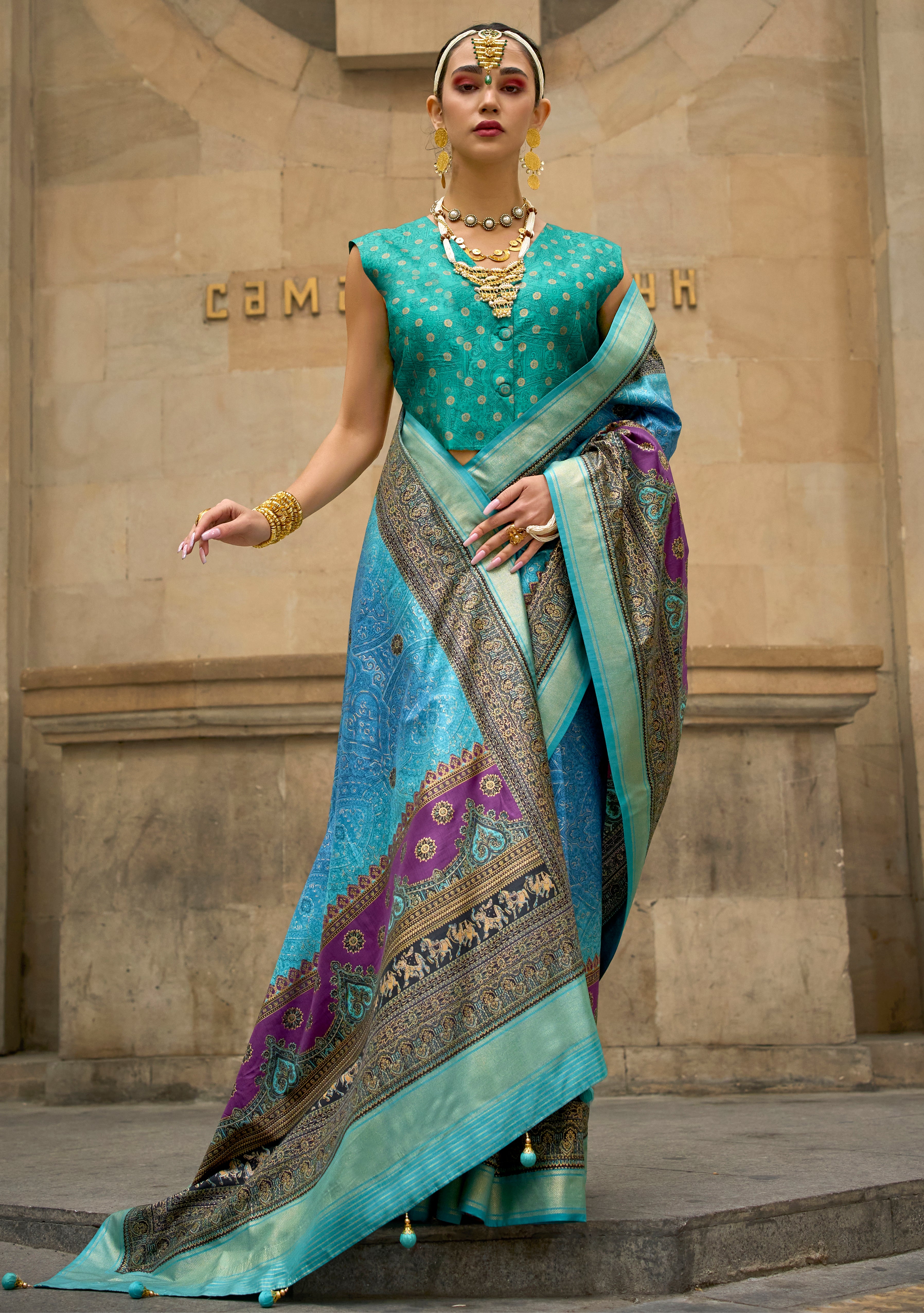 Sky Blue Silk Saree With Foil Print