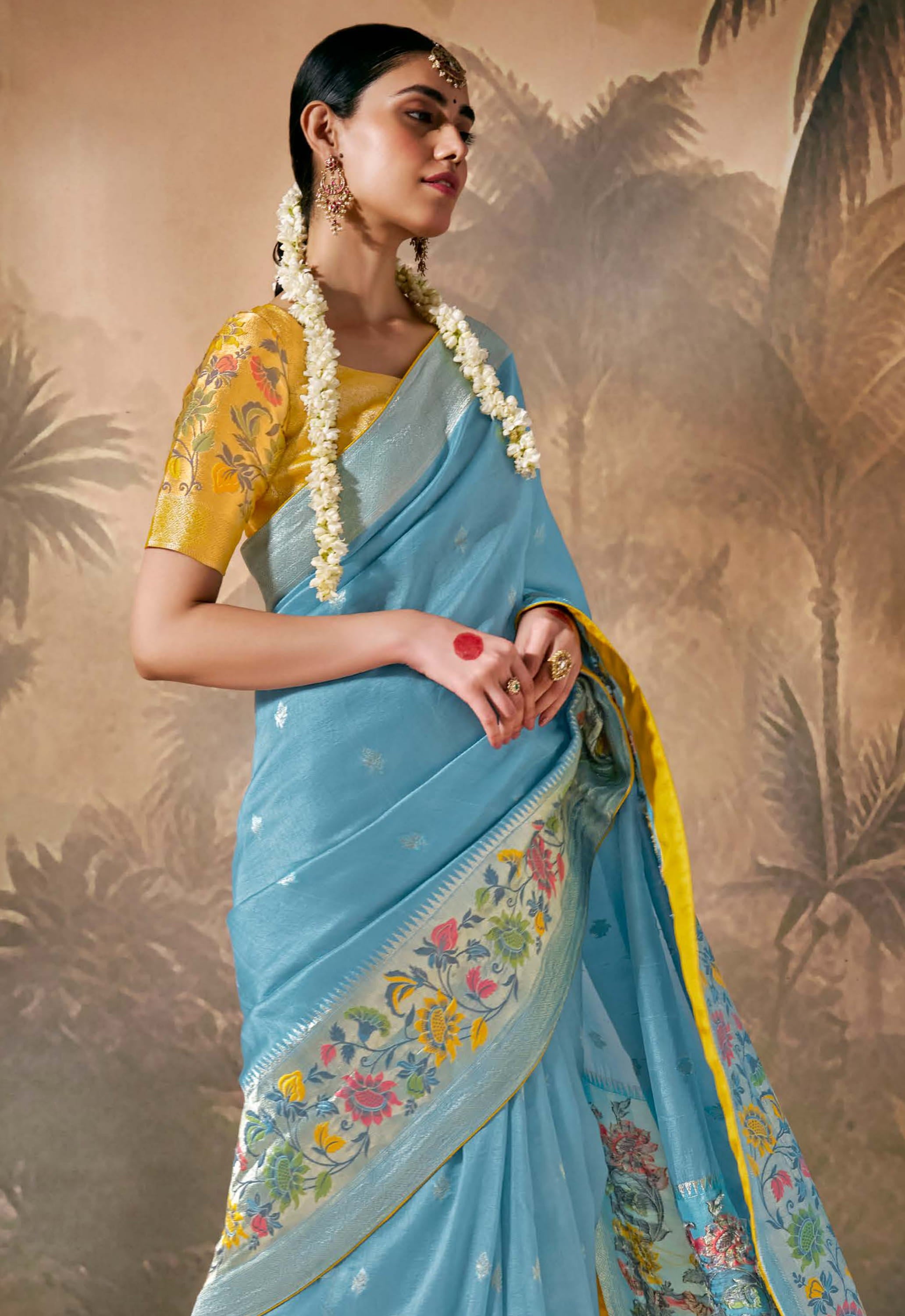 Sky Blue Silk Saree With Jacquard Woven