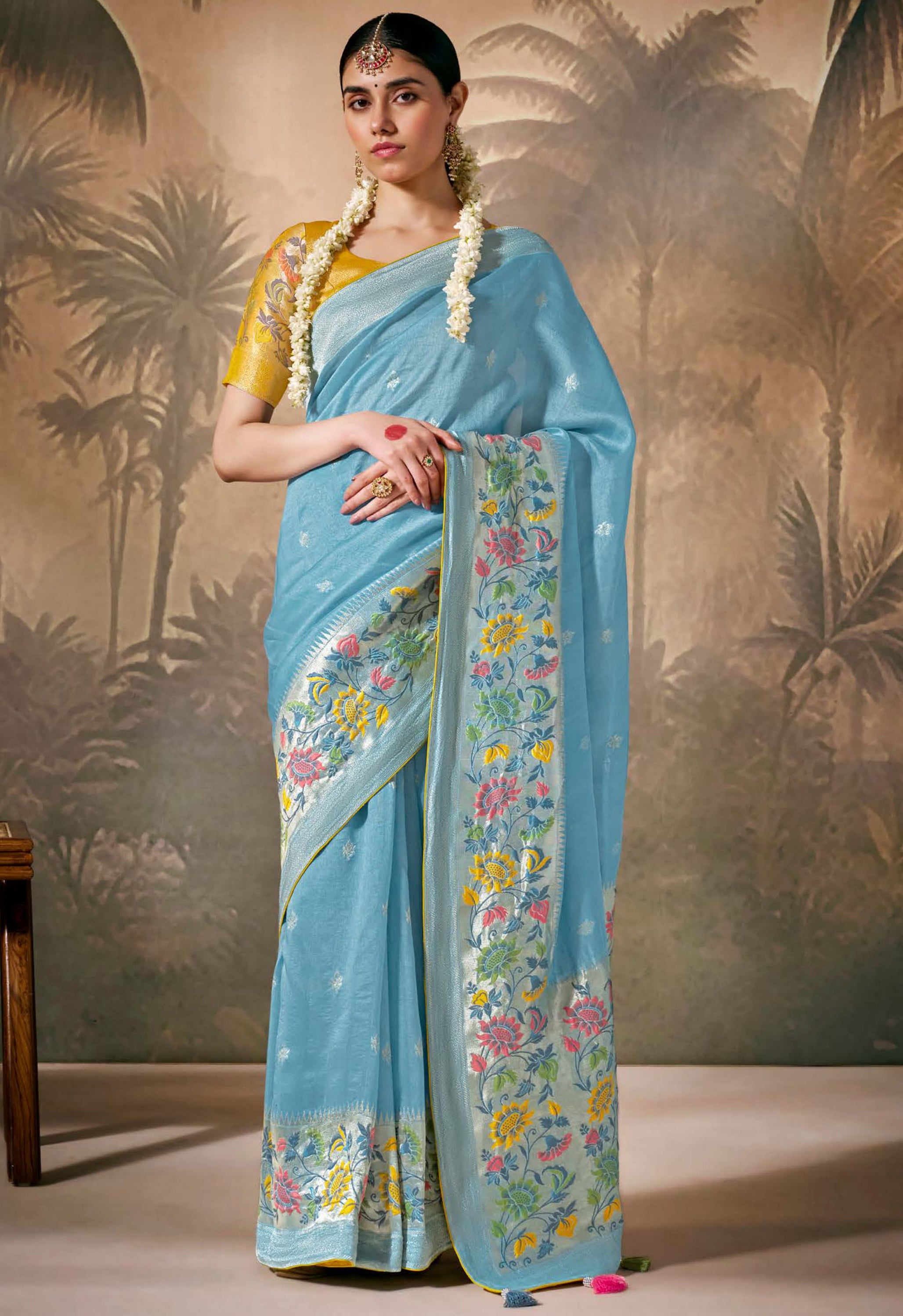 Sky Blue Silk Saree With Jacquard Woven