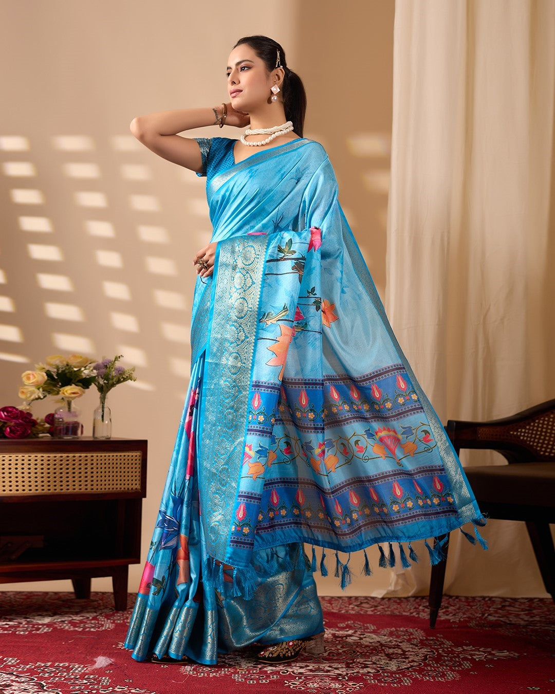 Sky Blue Soft Lichi Silk Saree With Digital Printed Elegant Designer Saree