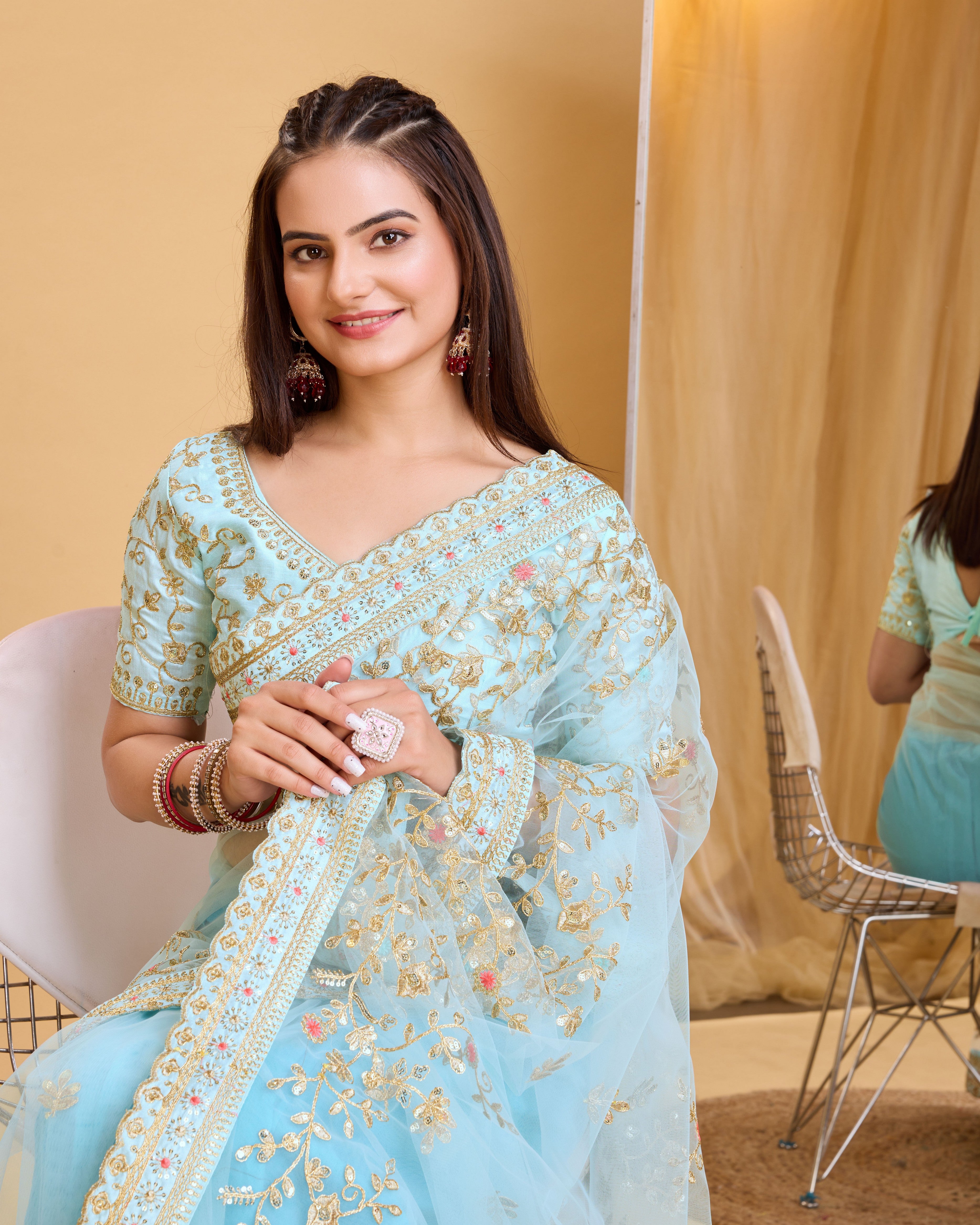 Sky Blue Soft Net Designer Embroidery Work Bollywood Style Saree