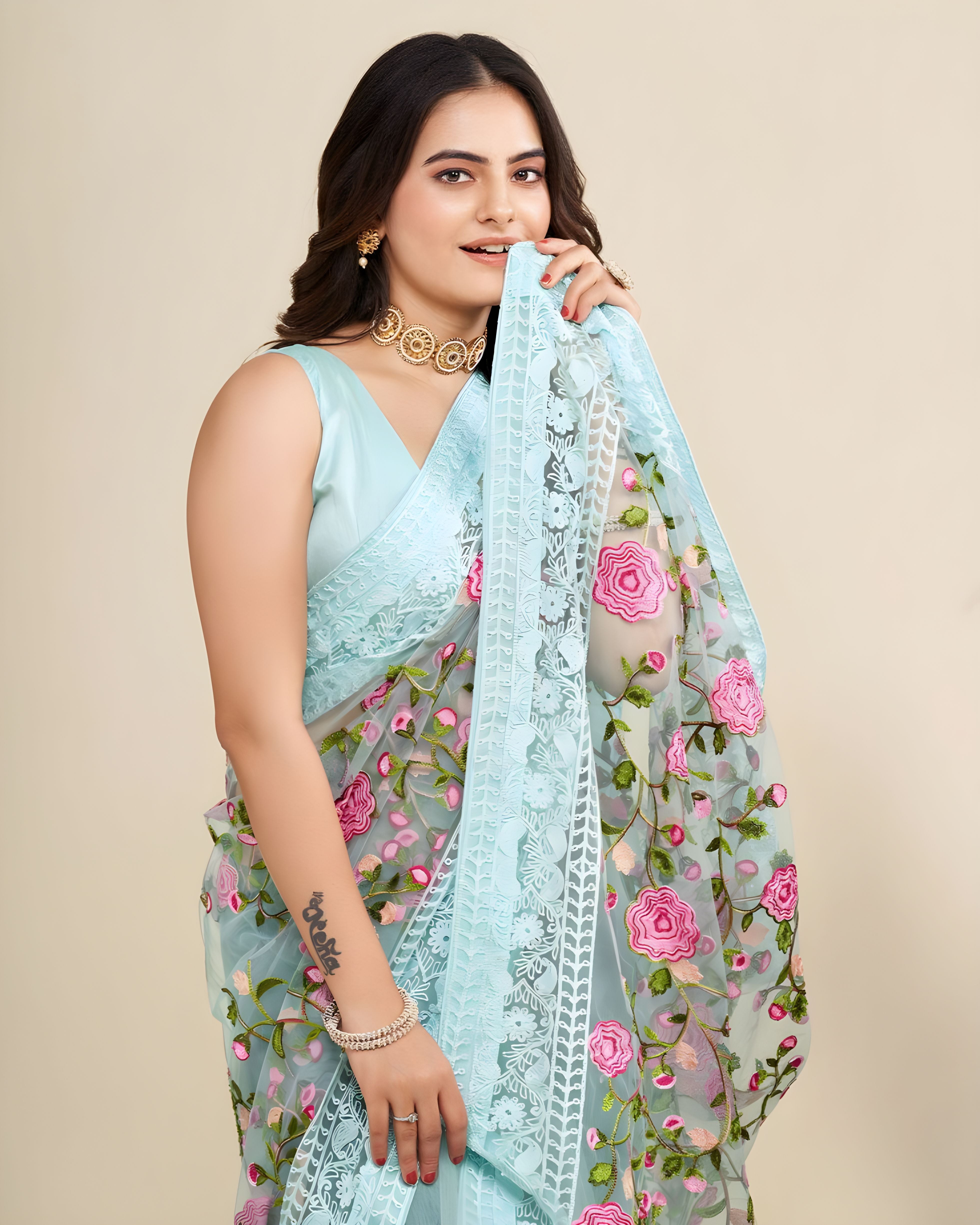 Sky Blue Soft Net Saree with C Pallu Chikankari Embroidery Work