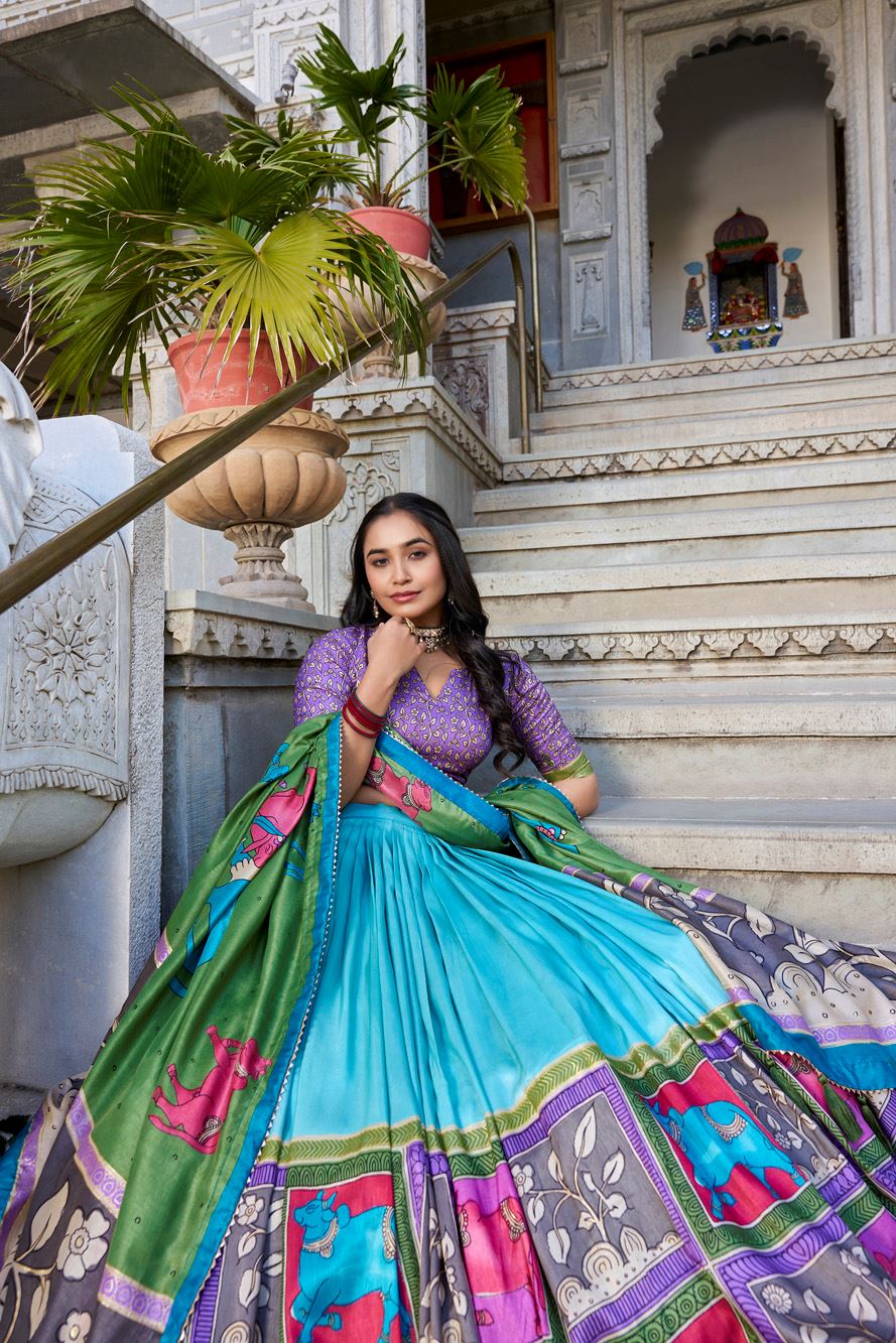 Sky Blue Tussar Silk Lehenga with Kalamkari Print and Elegant Foil Work Accents
