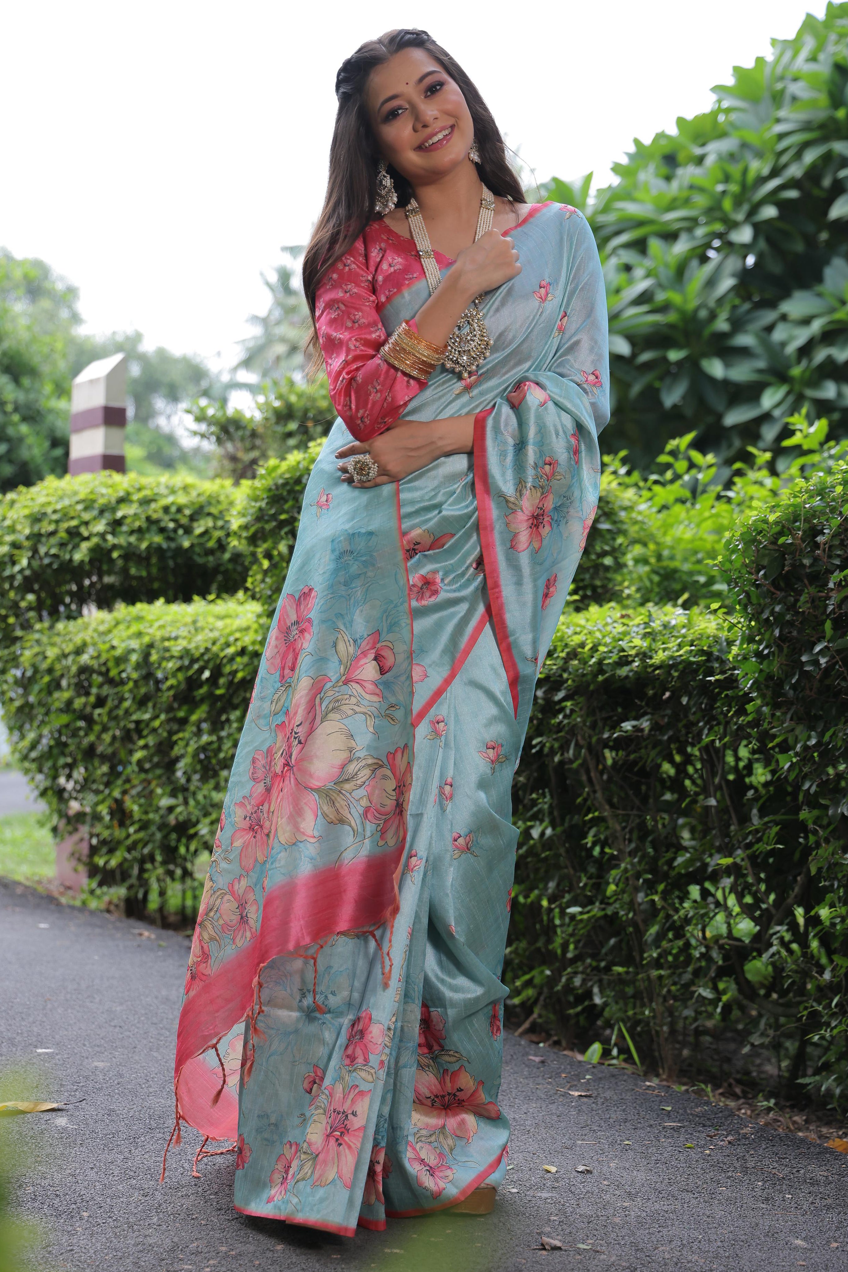 Sky Blue Tussar Silk Saree with Premium Floral Print Work