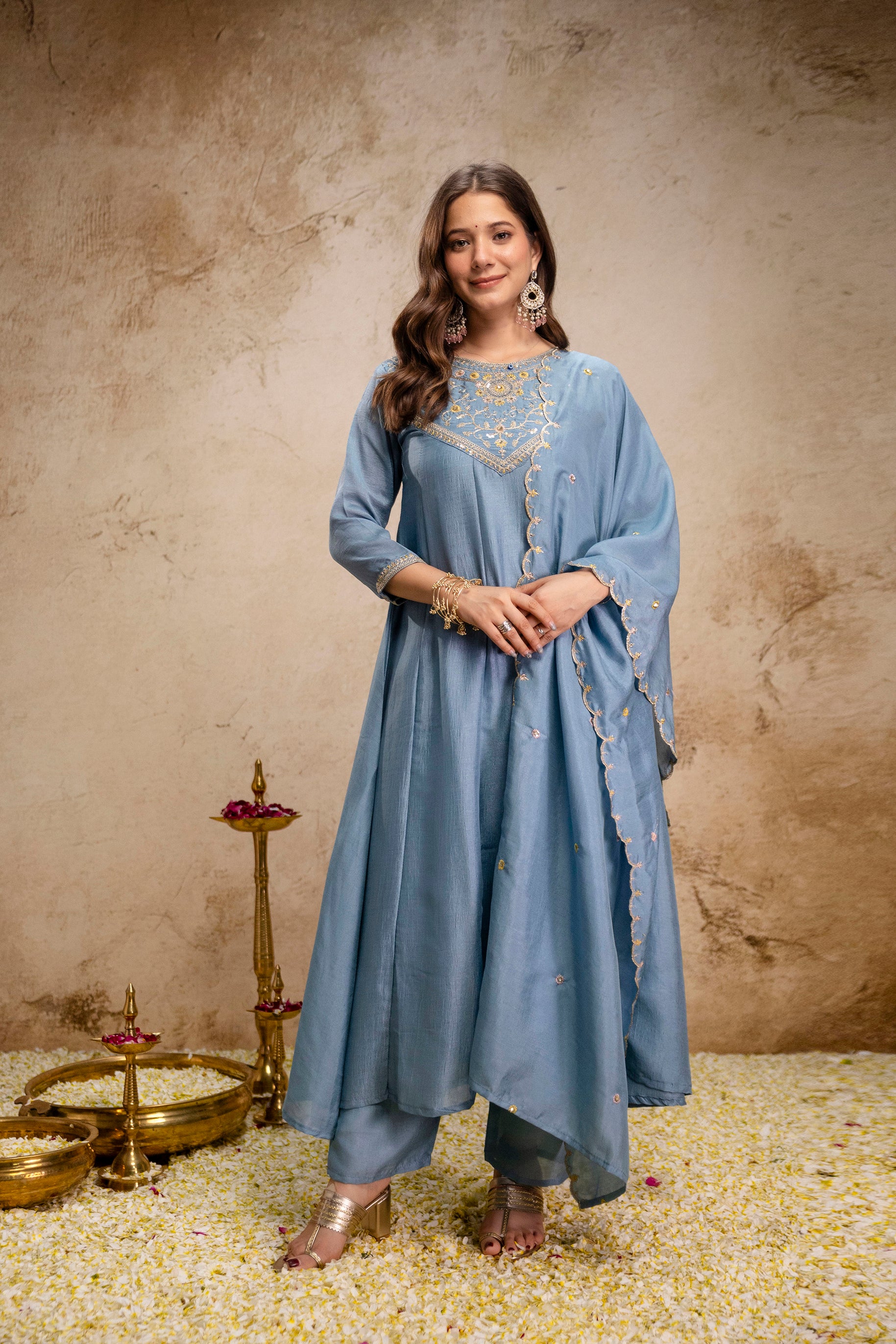 Sky Blue Vichitra Silk Kurta Pant Set With Heavy Thread Embroidery Work