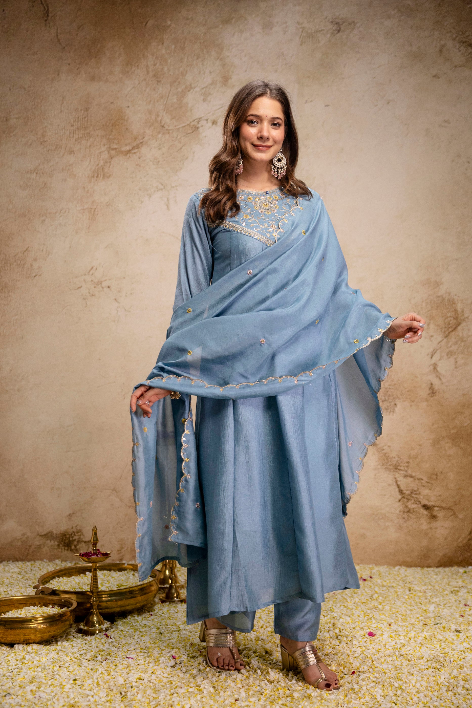Sky Blue Vichitra Silk Kurta Pant Set With Heavy Thread Embroidery Work