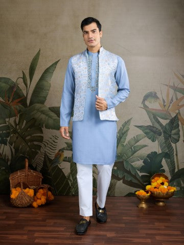 Sky Blue Viscose Silk Ceremonial Kurta with Jacket