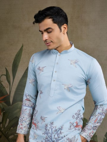 Sky Blue Viscose Silk Sequins Embroidery Ethnic Partywear Kurta