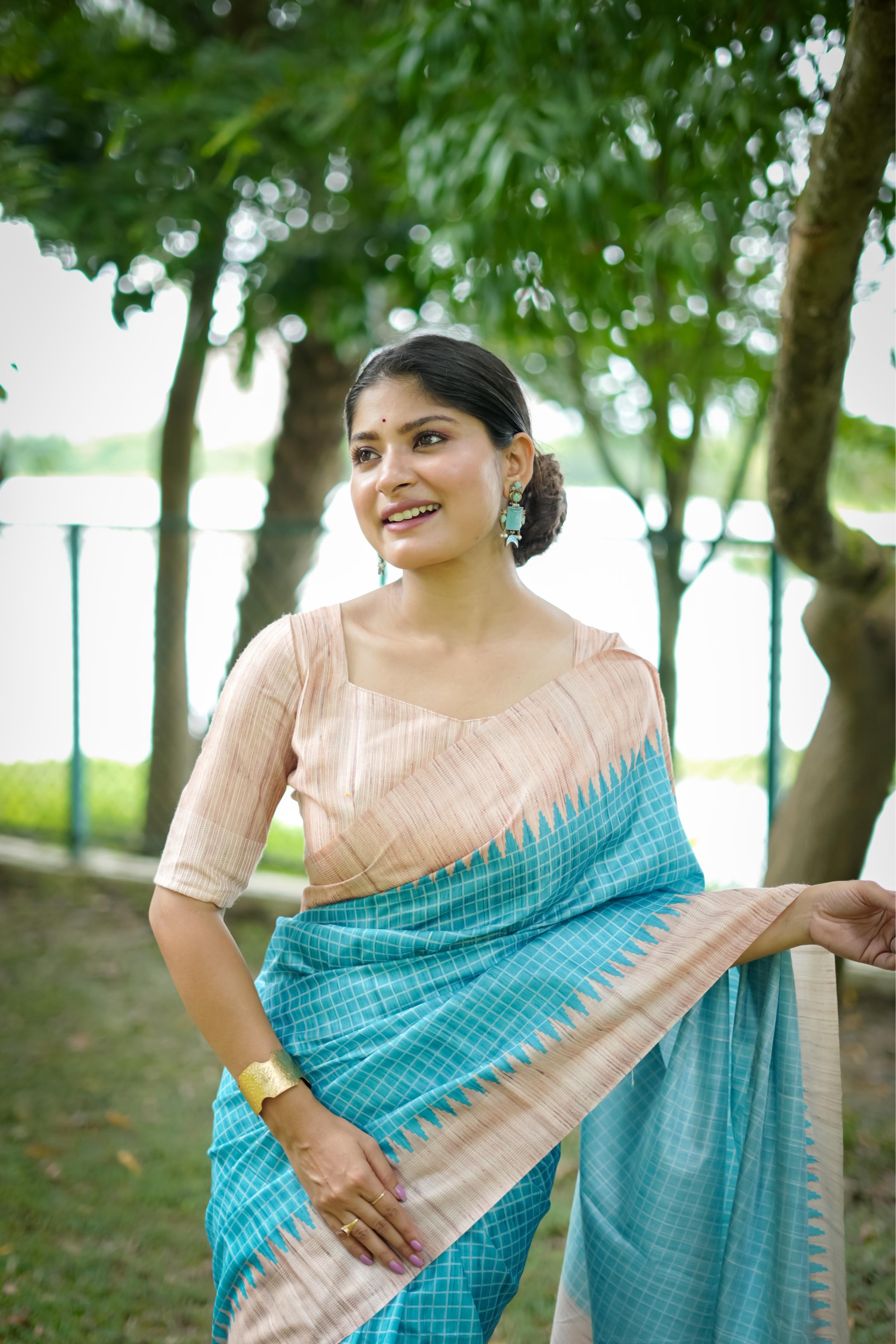 Sky Blue Woven Kantha Designer Tussar Silk Saree With Printed Design