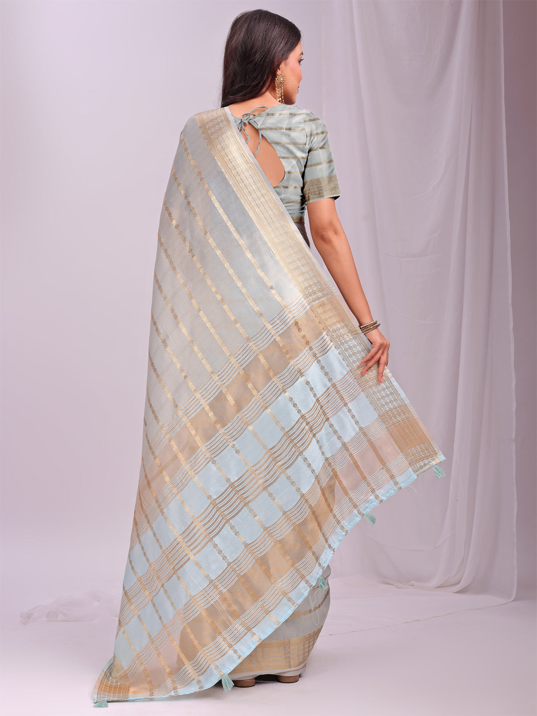 Sky Blue Woven Zari Designer Ethnic Organza Saree