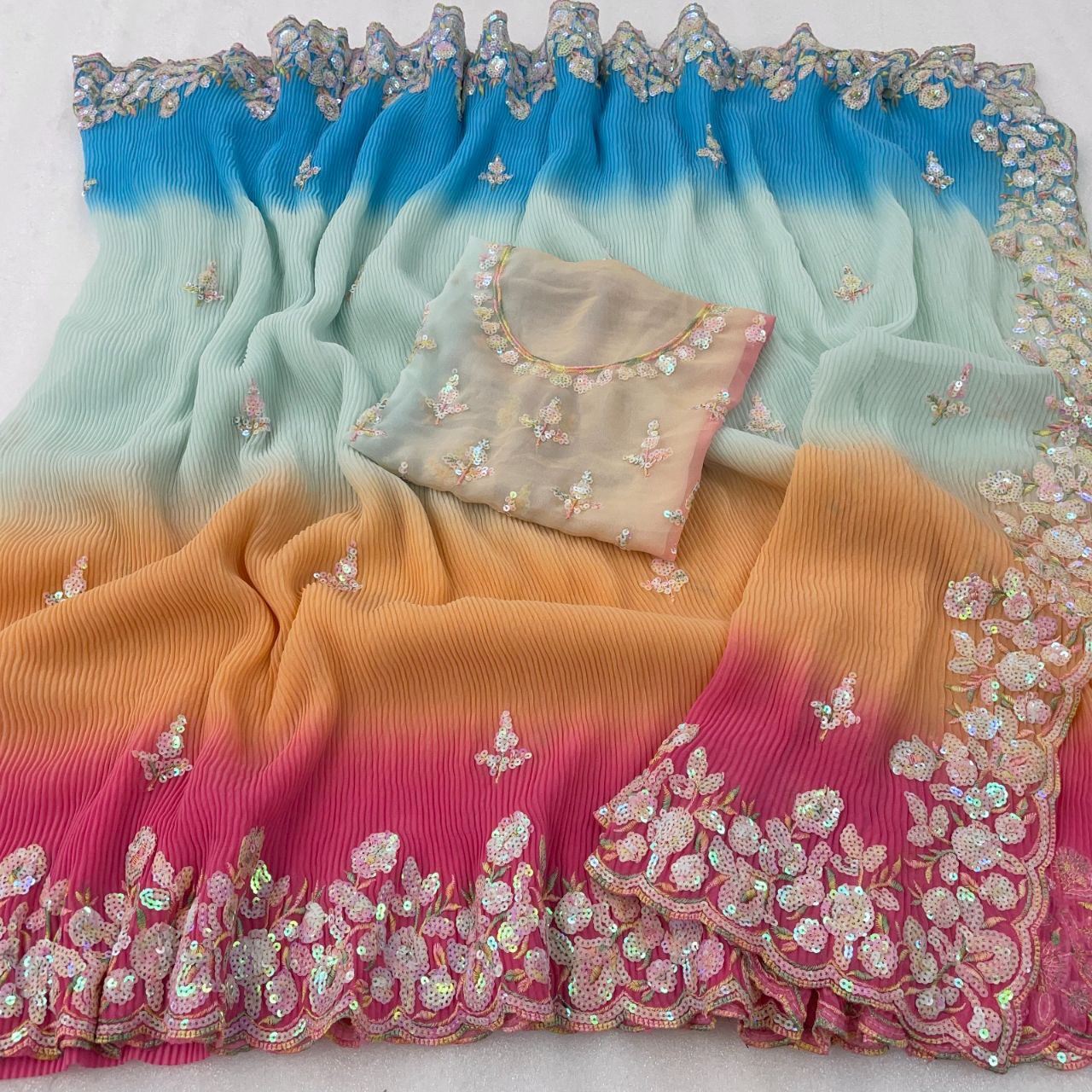Sky Colour Georgette Embroidery Crush Work Saree
