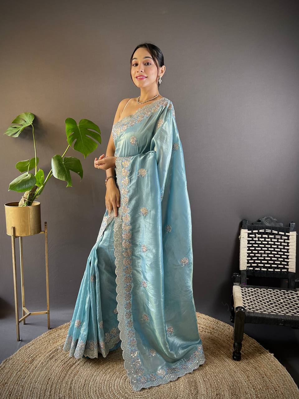 Sky Colour Gold Crush Embroidery Work Saree
