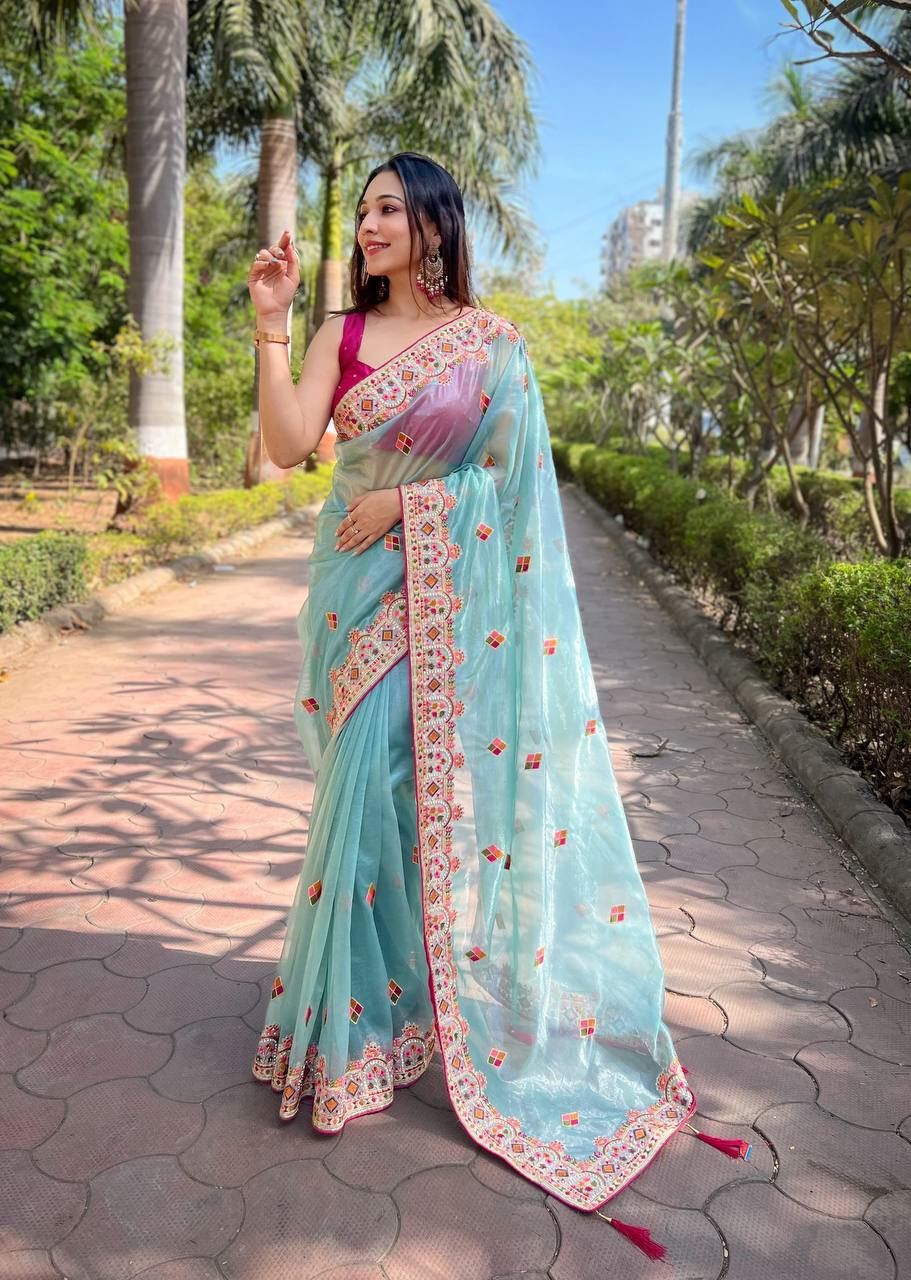 Sky Colour Twill Net Designer Embroidery Work Saree