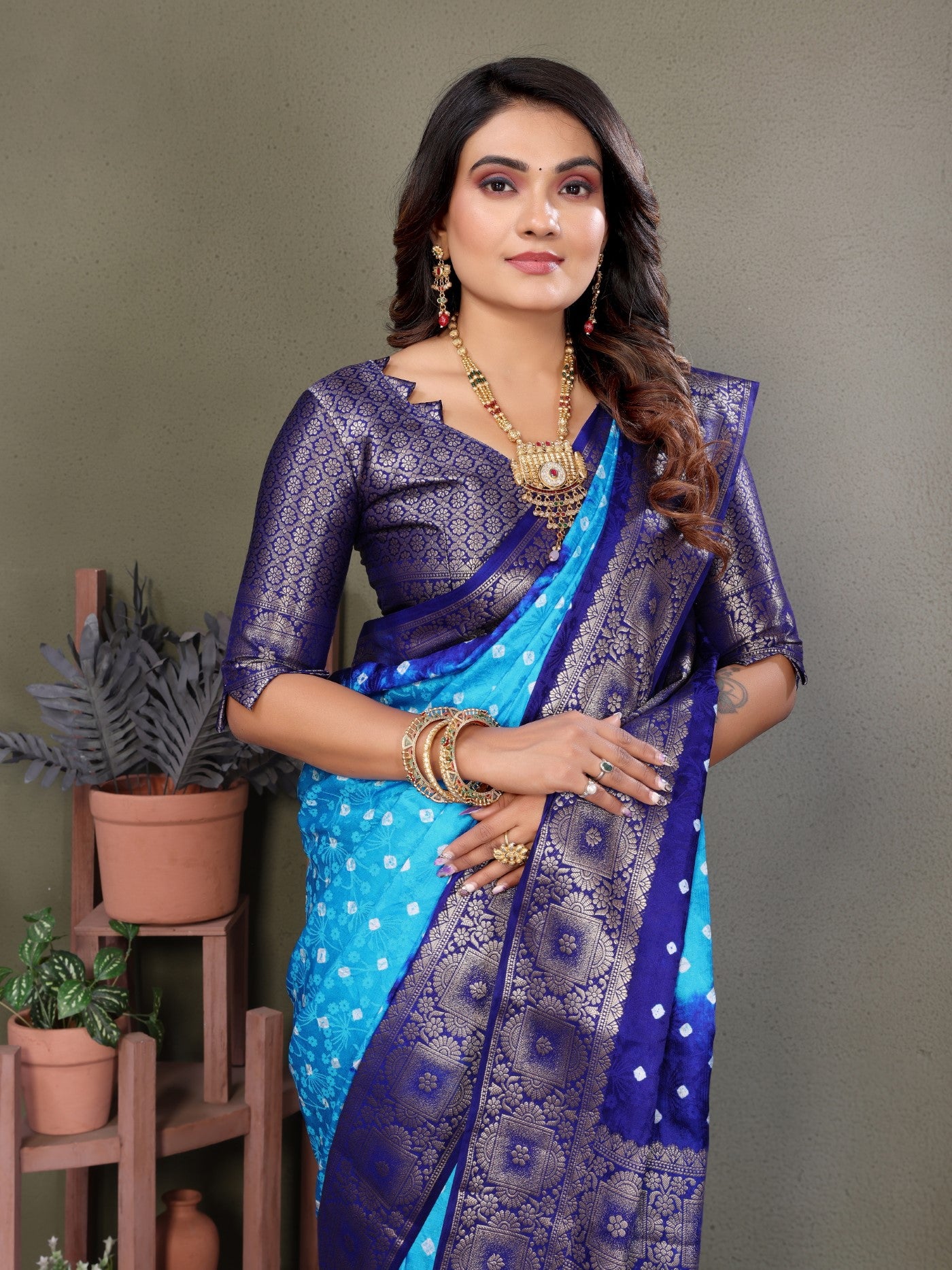 Sky Satin Silk Saree With Elegant Bandhej Zari Weaving