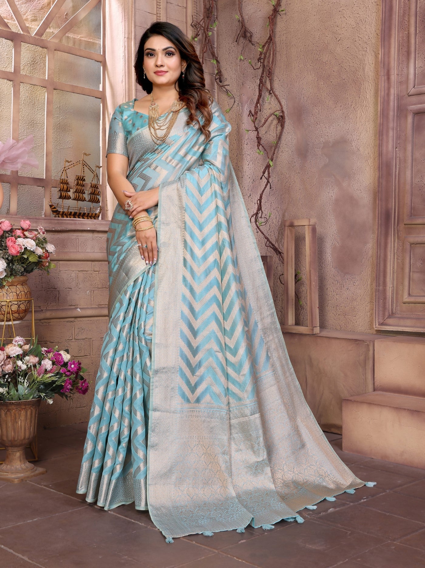Sky Soft Organza Silk Saree With Elegant Weaving
