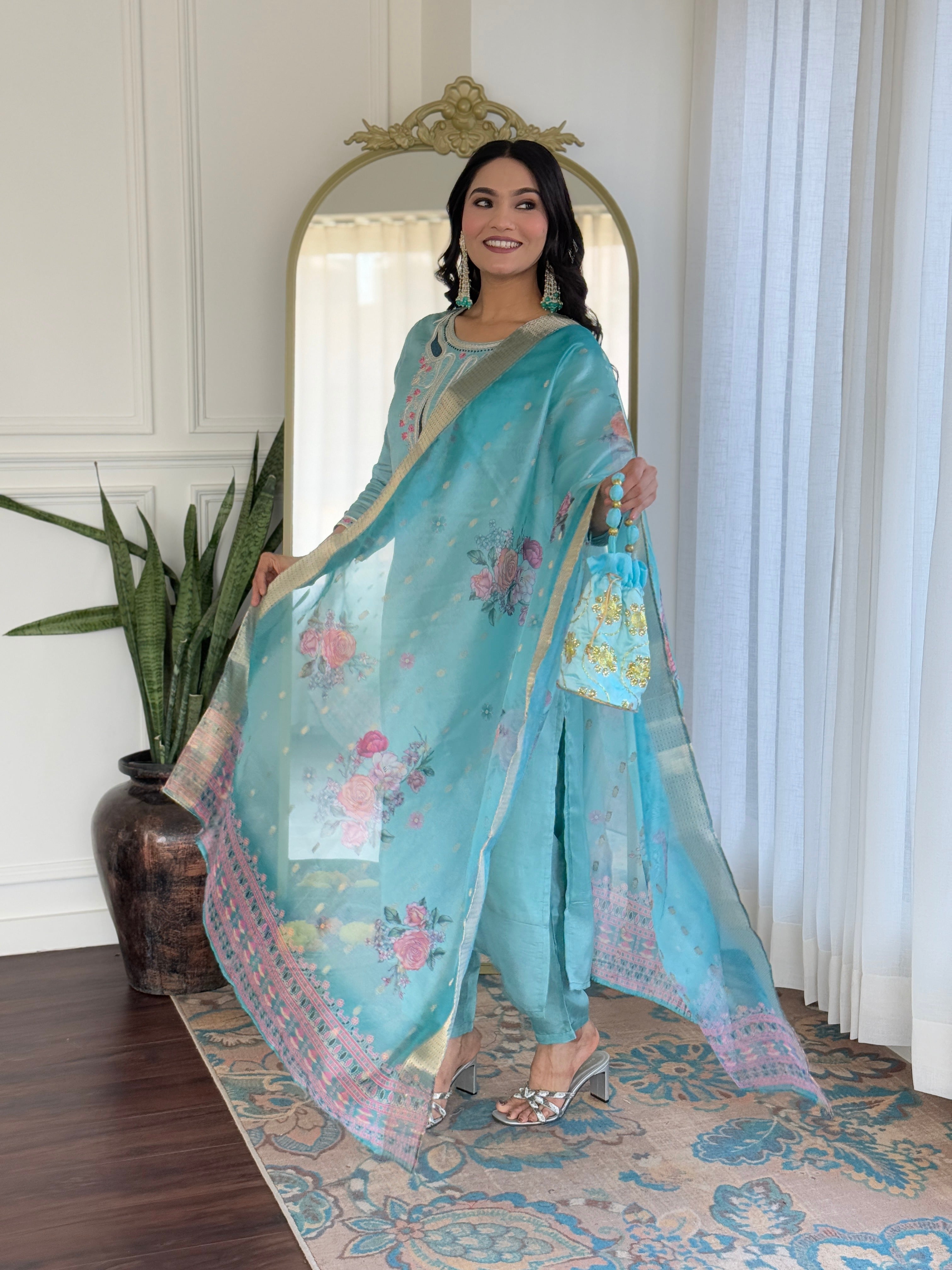 Sky Viscose Elegant Kurta Pant Set With Embroidery Work