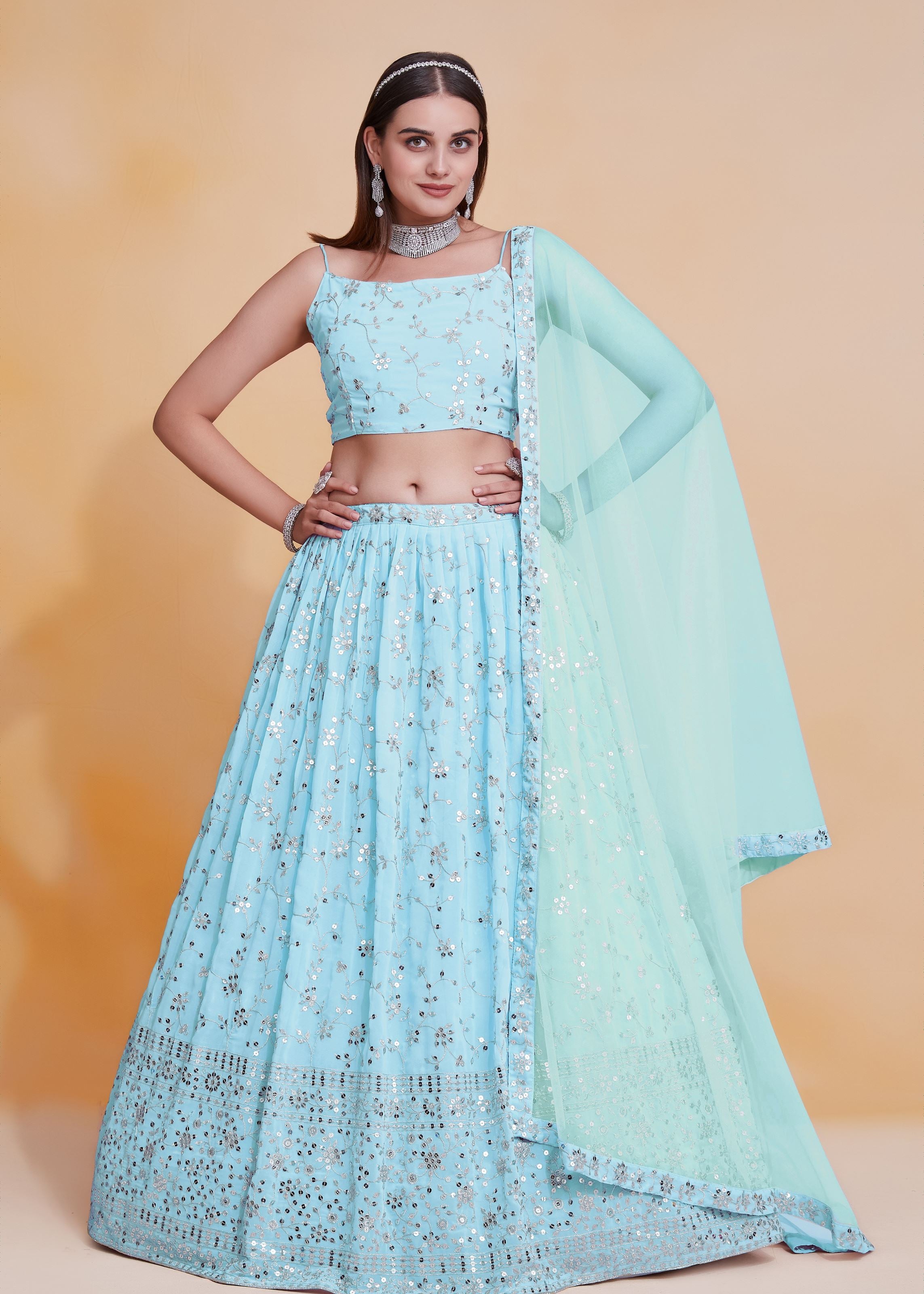 Skyblue Georgette Sequence Embroidery Work Lehenga Choli