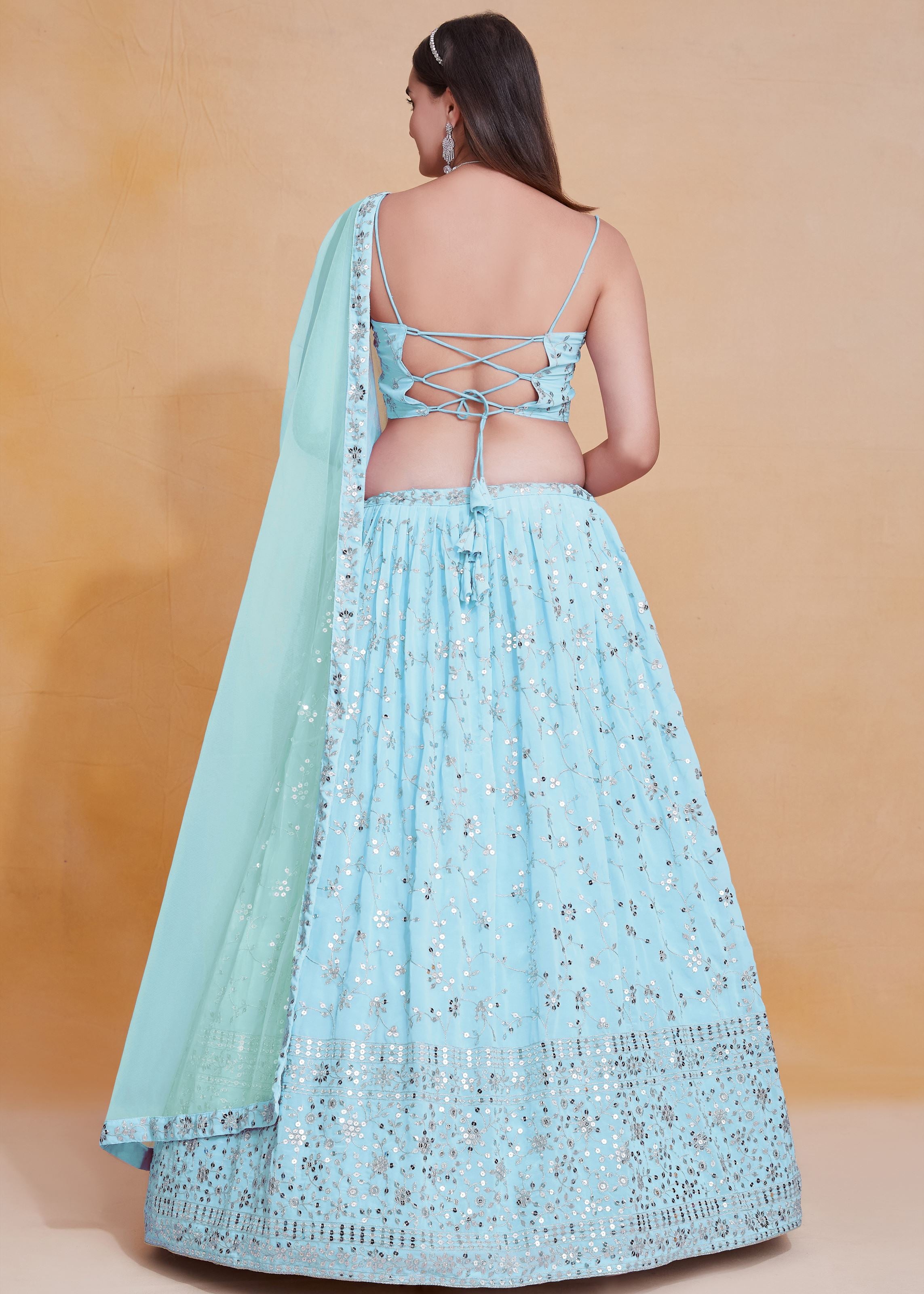Skyblue Georgette Sequence Embroidery Work Lehenga Choli