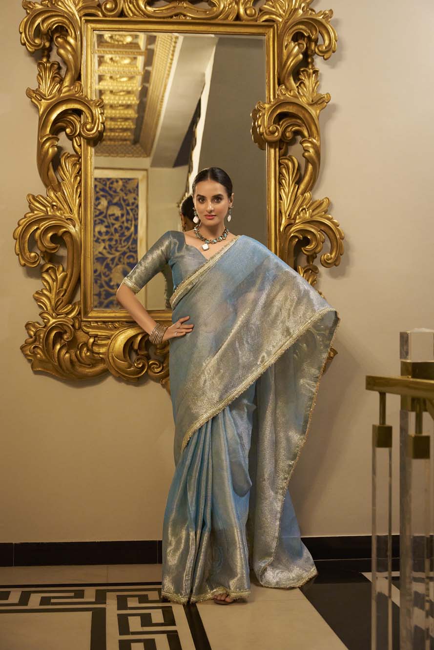 Sky blue Tissue Shimmer Saree with Zari Weaving & Sequins Lace