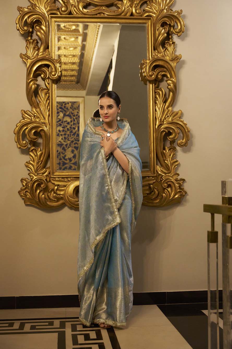 Sky blue Tissue Shimmer Saree with Zari Weaving & Sequins Lace