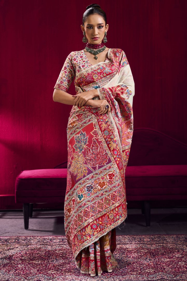 Sophisticated Off White Modal Pashmina Saree with Zari Weaving