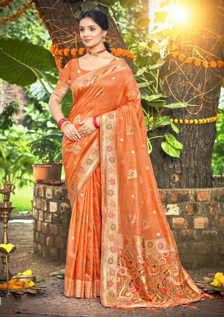 Splendid Orange Assam Silk Meenakari Festival Saree