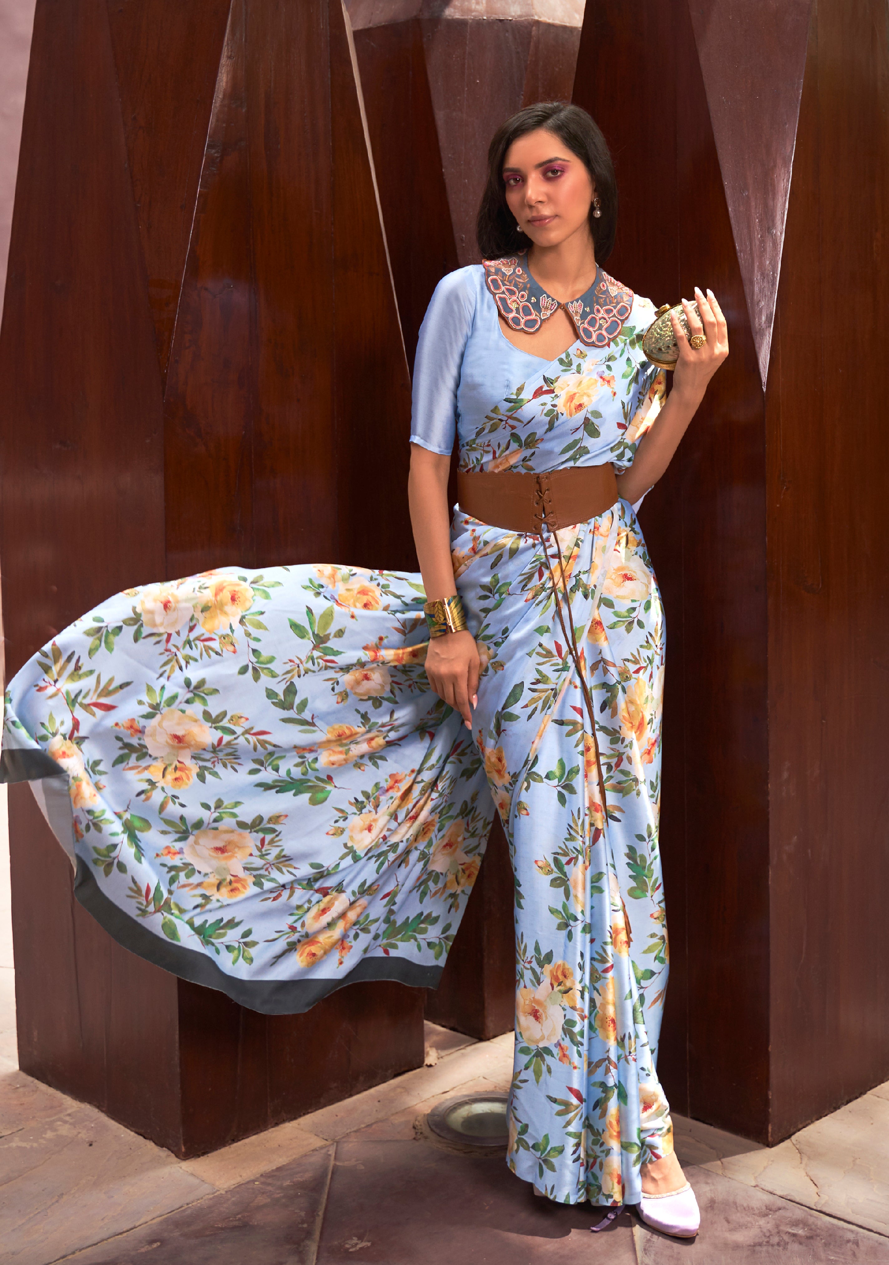 Steel Blue Satin Crepe Saree With Digital Printed Work