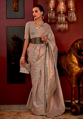 Stone Grey Handloom Weaving Silk Saree With Woven Work