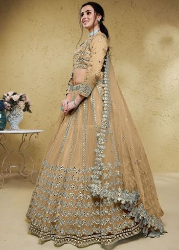 Stunning Beige Foil Work Net Wedding Lehenga Choli With Dupatta