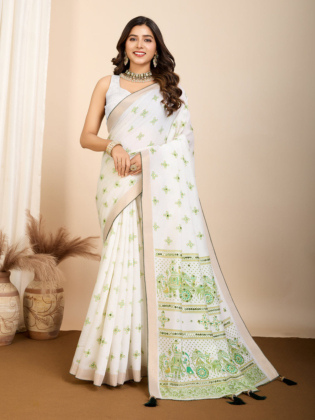 Table Printed Designer Hand Work Off White Blended Coton Saree