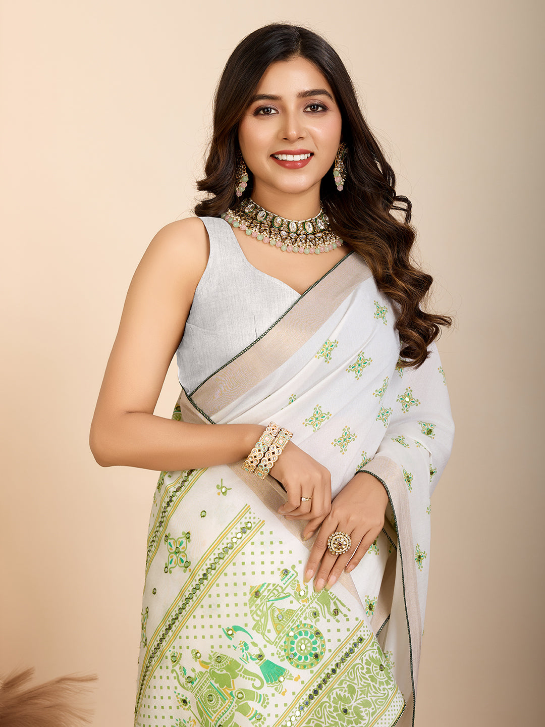 Table Printed Designer Hand Work Off White Blended Coton Saree