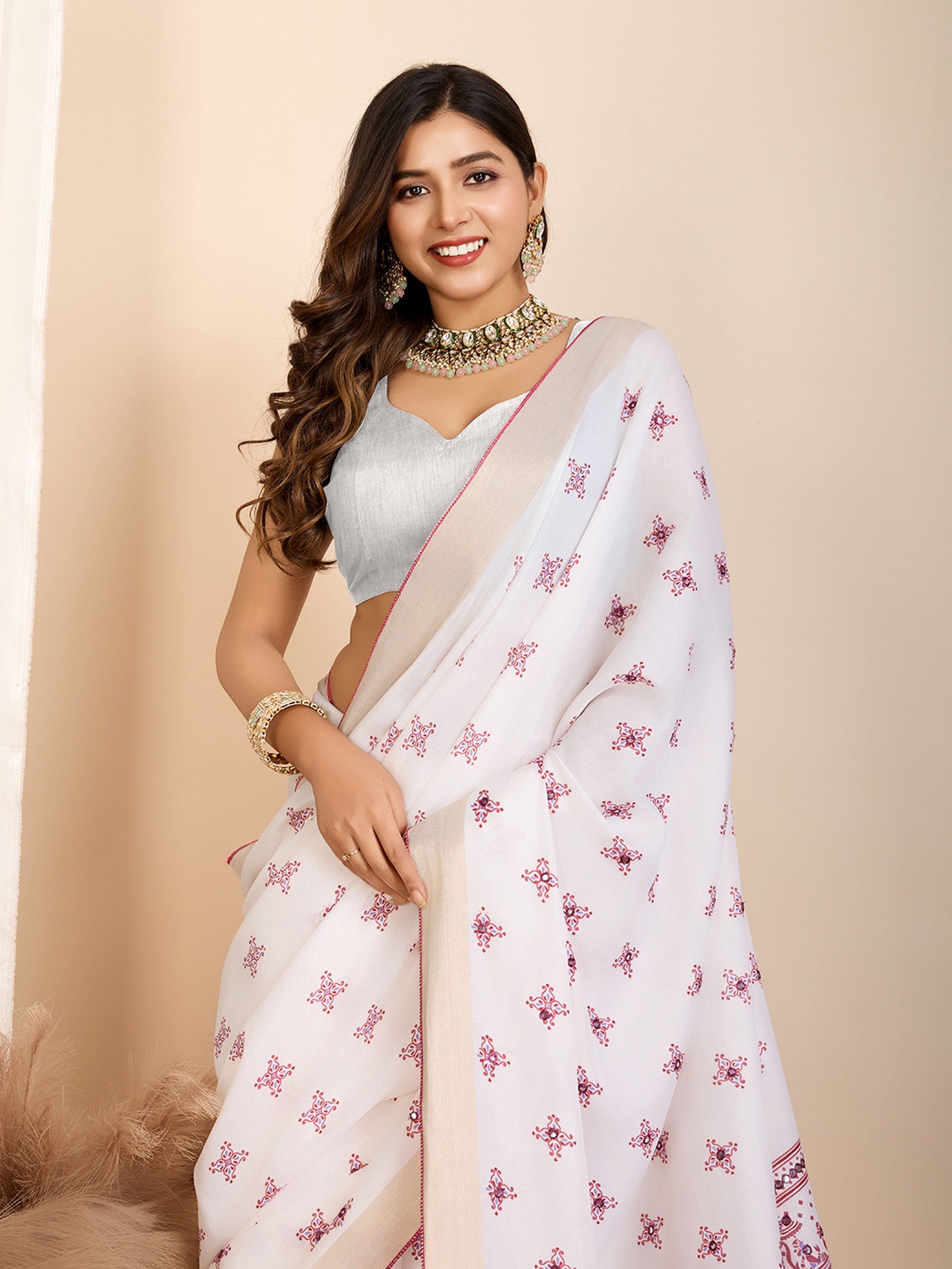 Table Printed Designer Hand Work Off White Blended Coton Saree