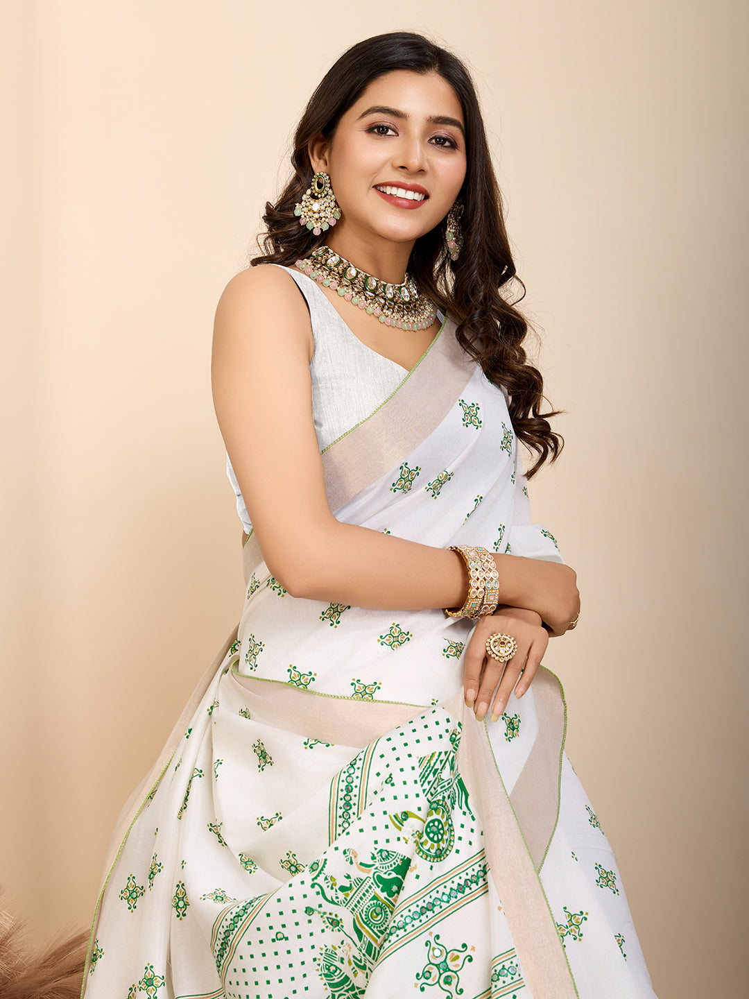 Table Printed Designer Hand Work Off White Blended Coton Saree