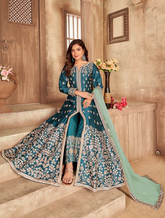 Teal Art Silk Thread Embroidery, Zari With Mirror Work Anarkali Suits
