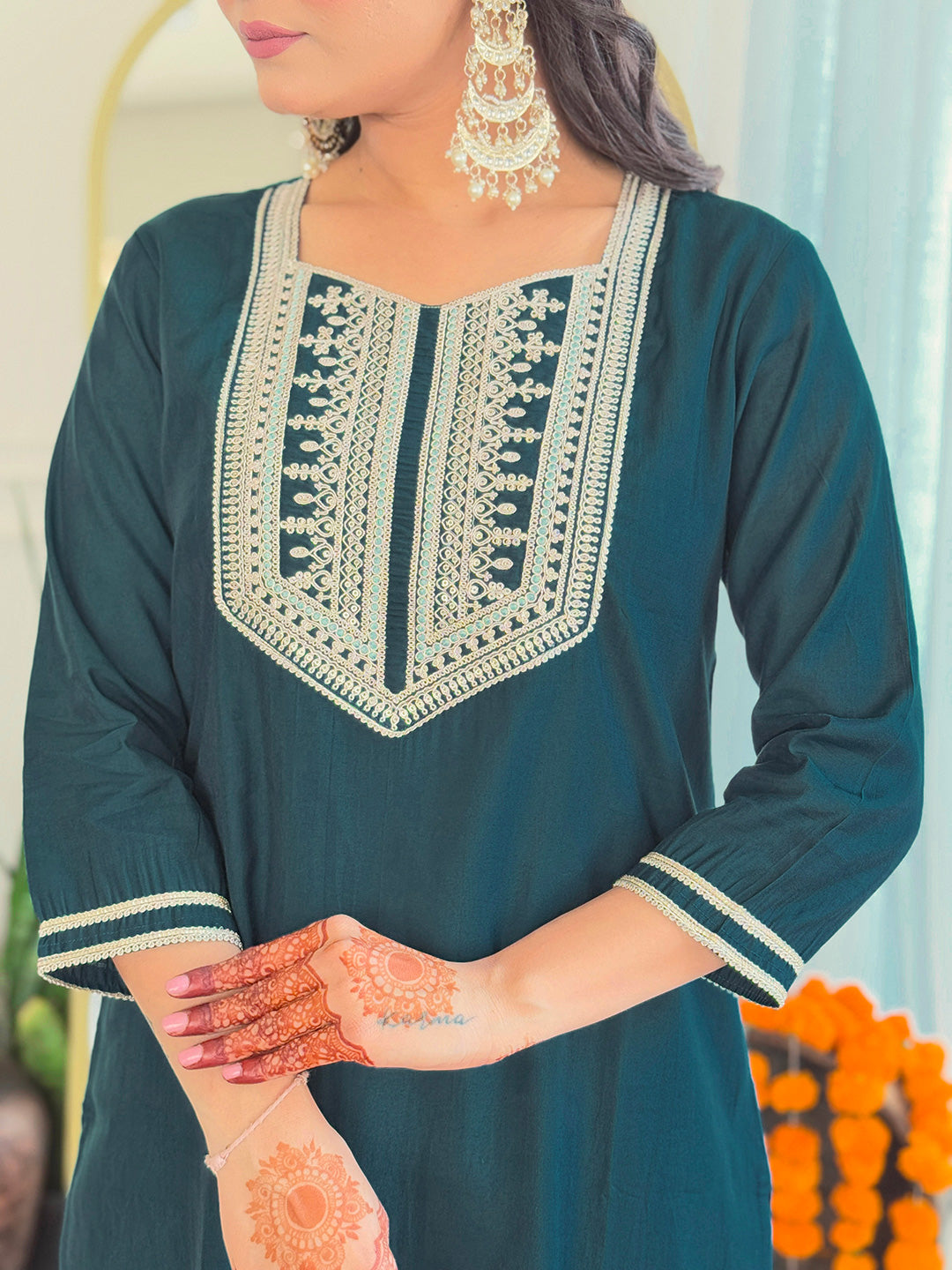 Teal BSY Viscose Elegant Kurta Pant Set With Embroidery Work