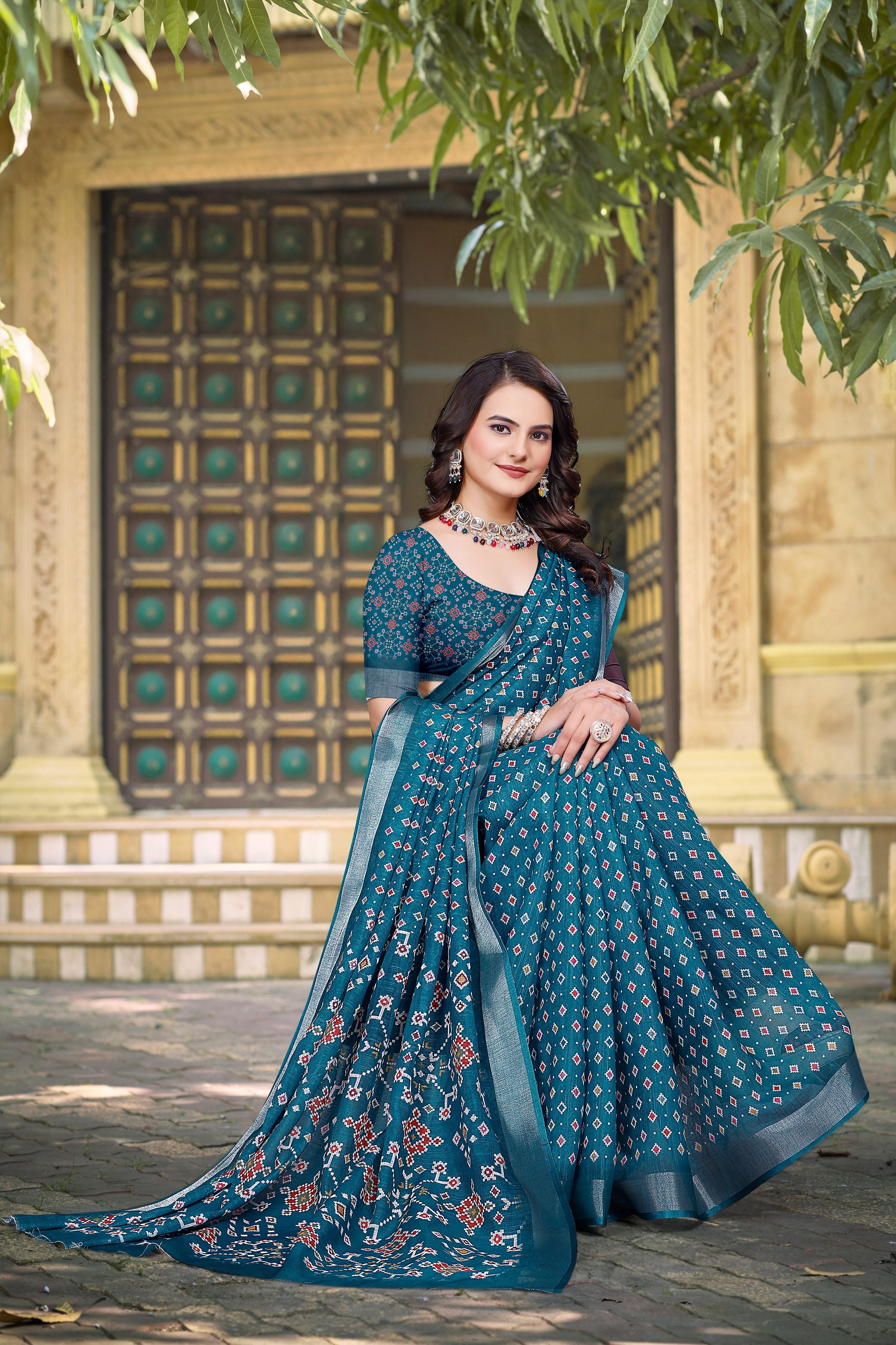 Teal Beautiful Designer Printed Saree With Woven Border