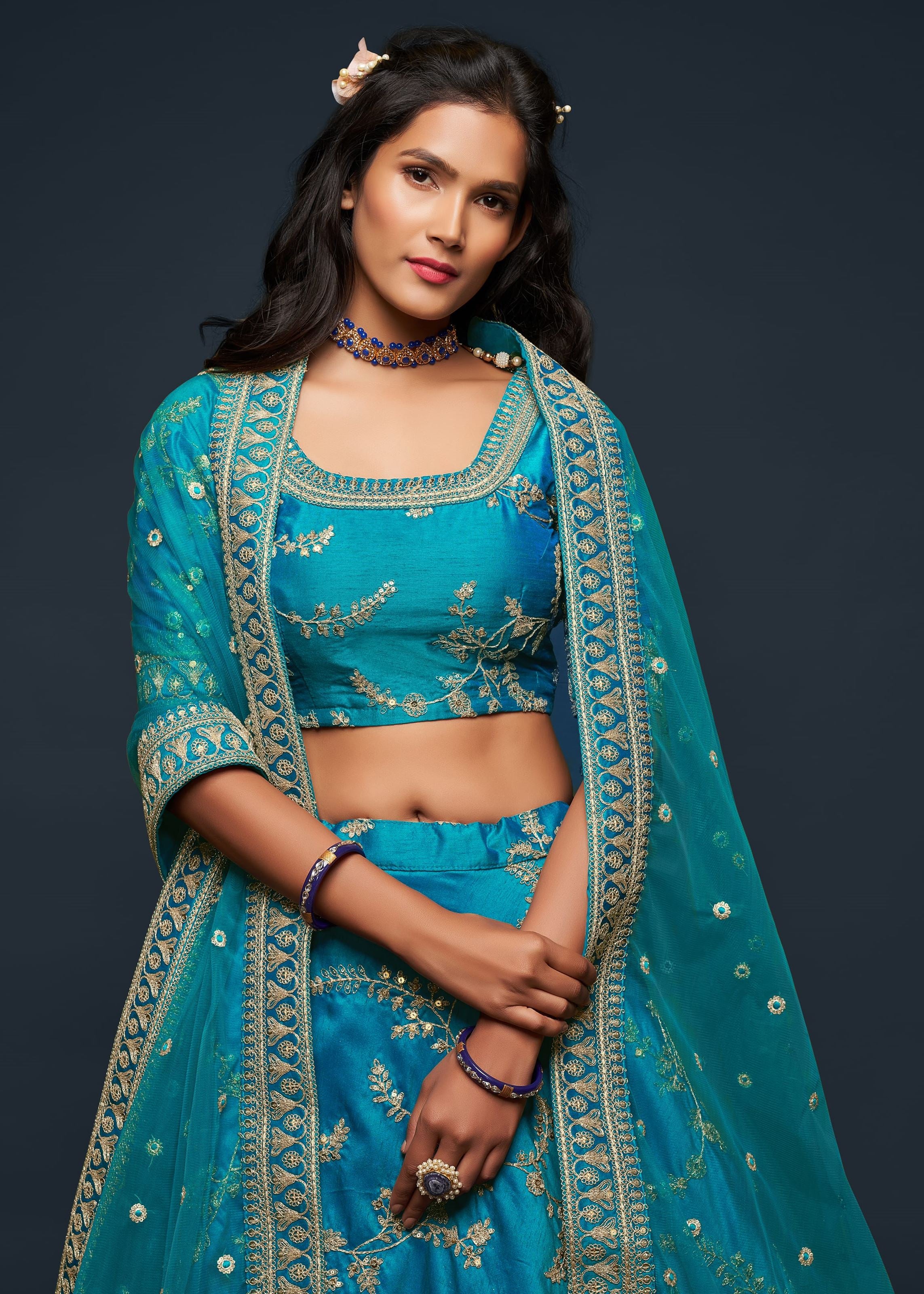 Teal Blue Art Silk Lehenga Choli With Thread, Zari, Dori and Sequins Embroidery Work