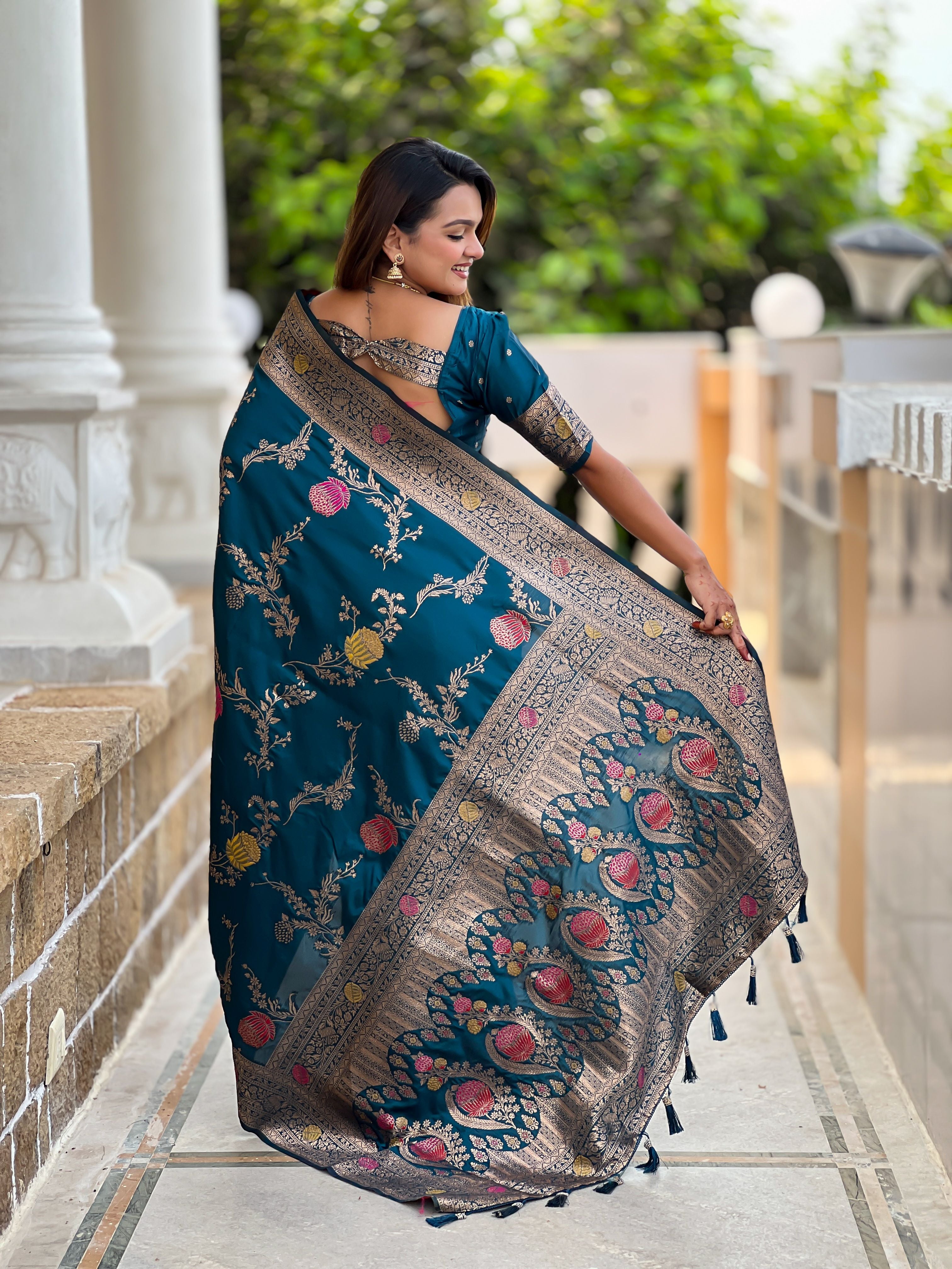 Teal Blue Beautiful Banarasi Silk Woven Meenakari Designer Graceful Ethnic Saree