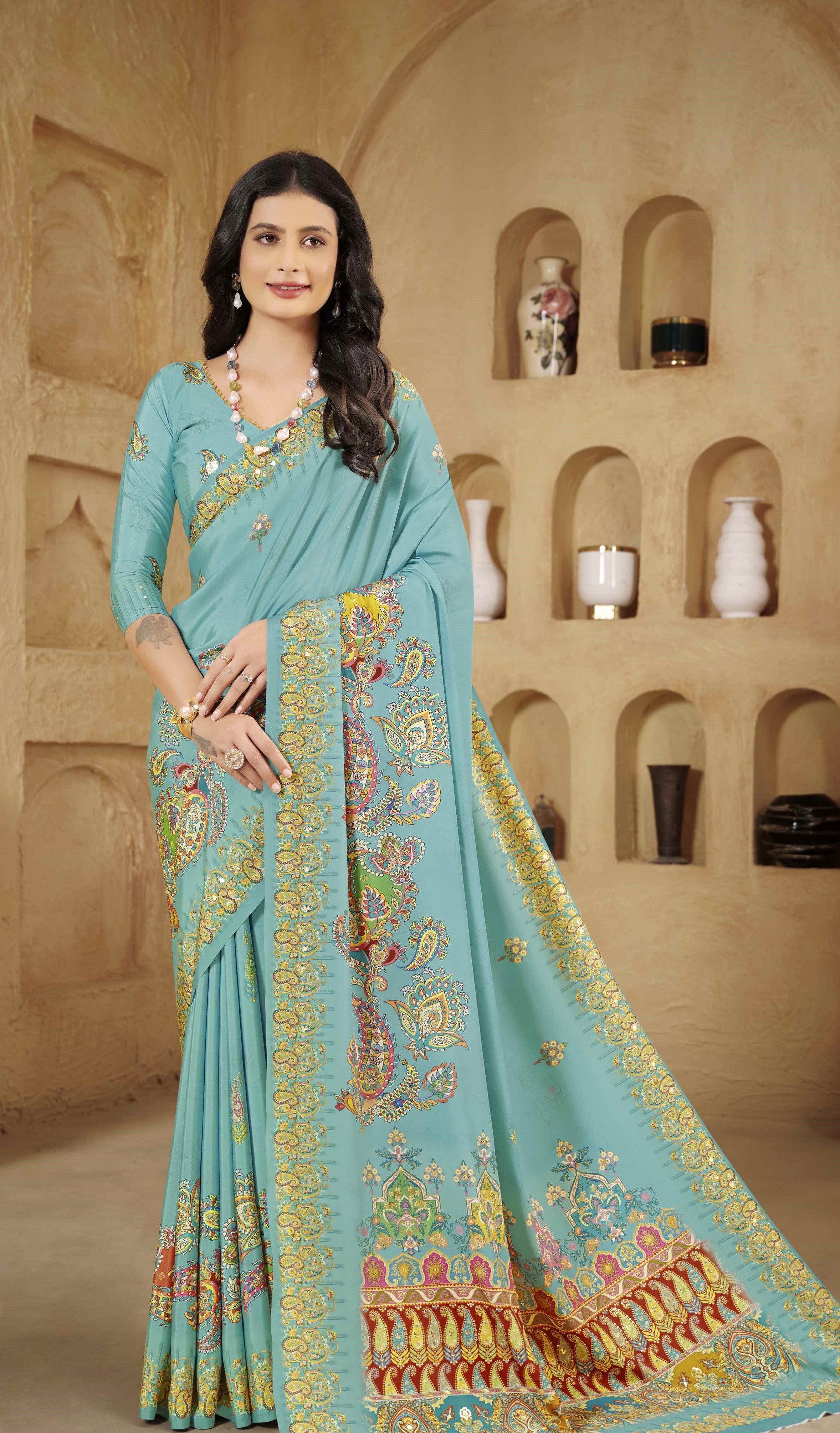 Teal Blue Beautiful Designer Position Digital Foil Printed Crepe Silk Designer Partywear Saree