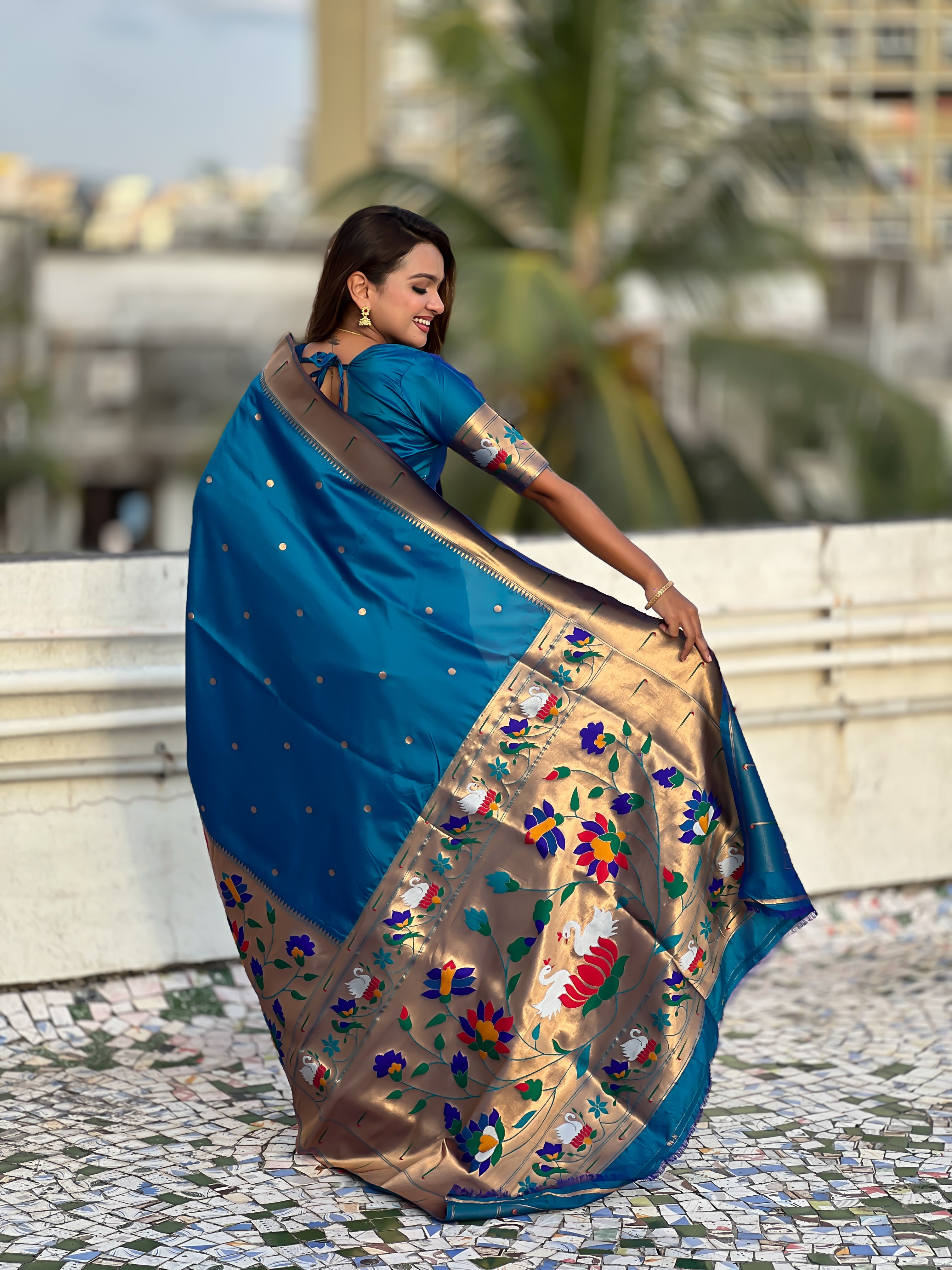 Teal Blue Beautiful Woven Meenakari Polka Designer Paithani Silk Ethnic Graceful Saree