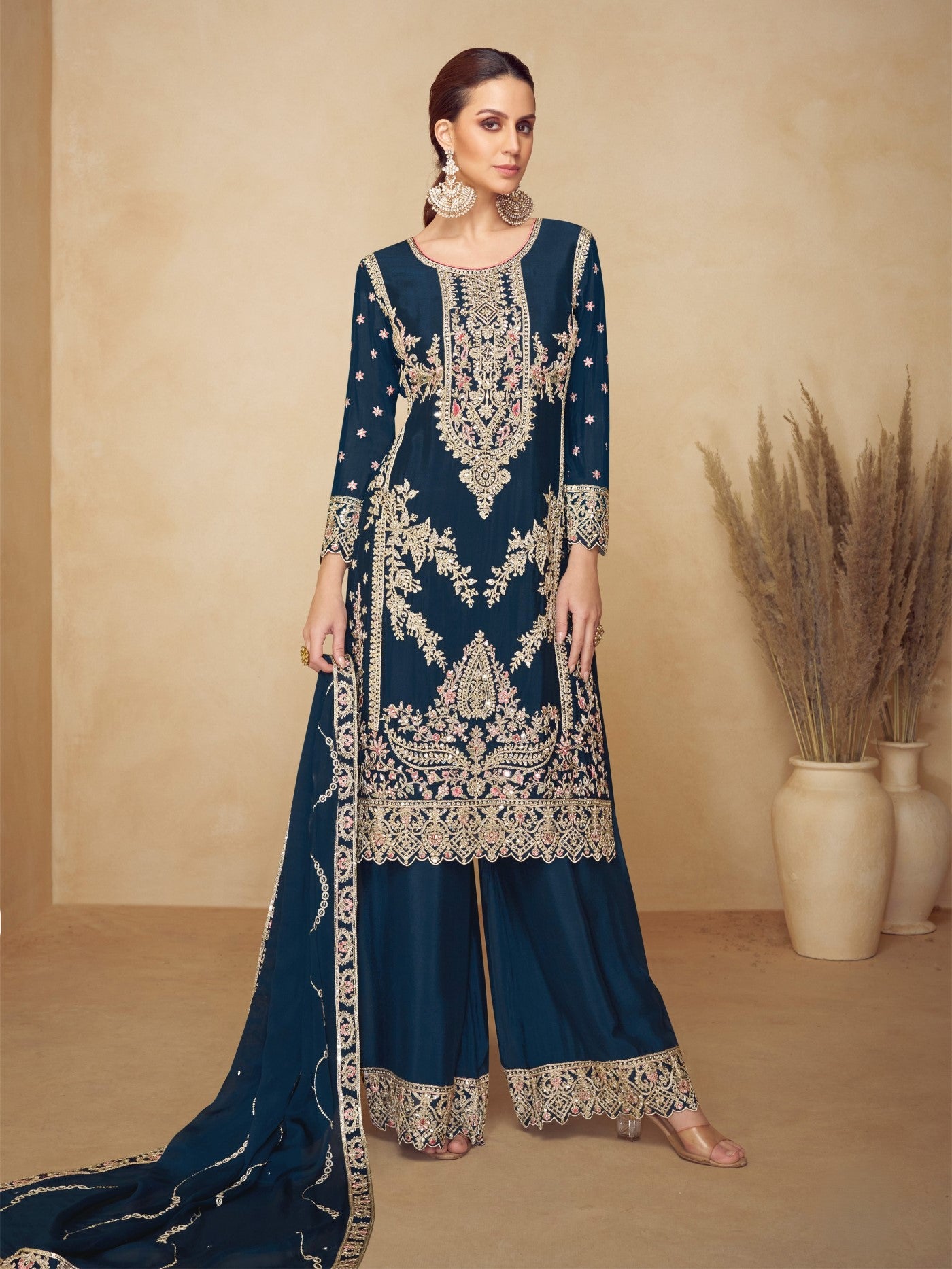 Teal Blue Chinon Designer Suit Set With Elegant Embroidery