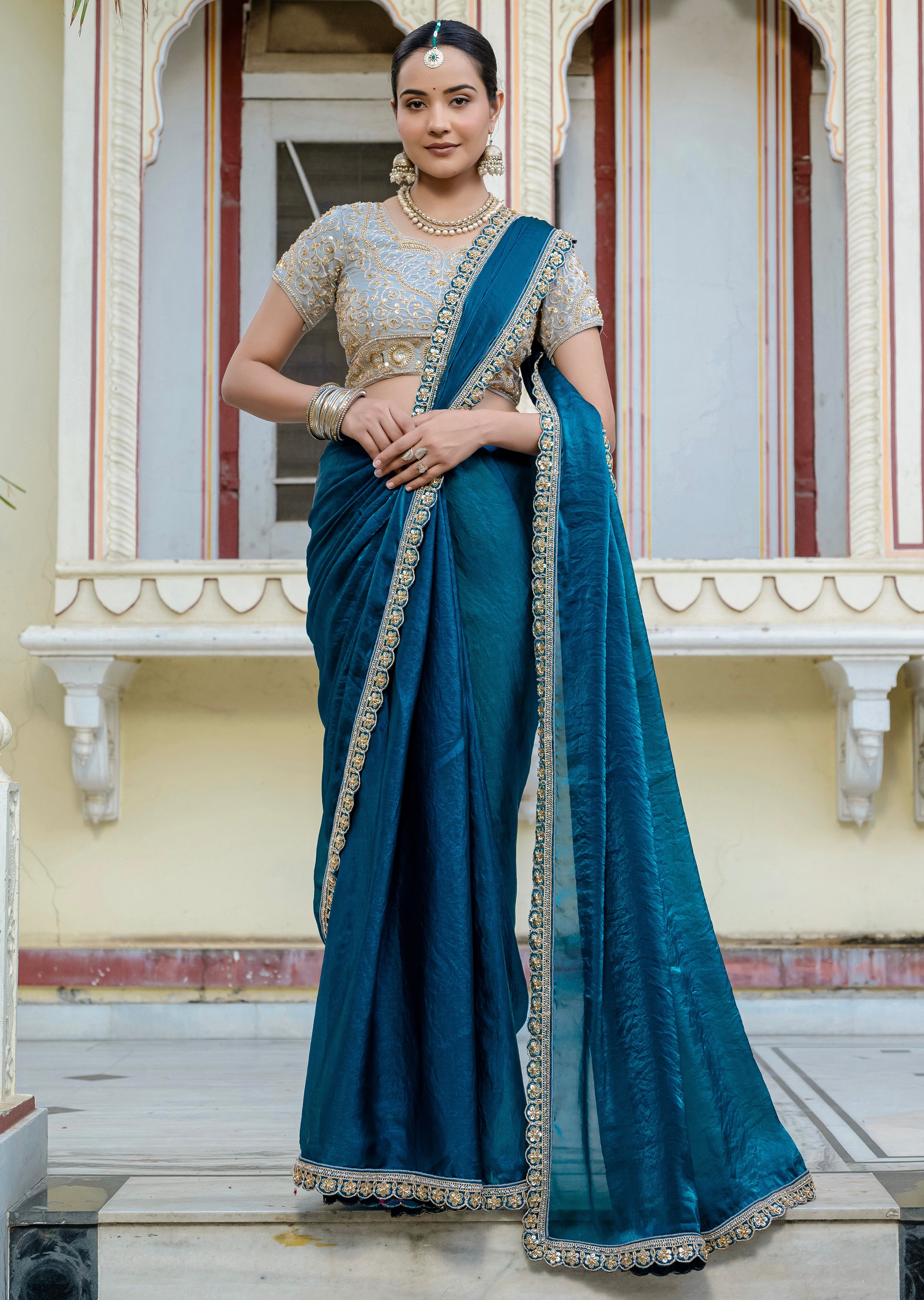 Teal Blue Color Satin with Velvet Lustre Saree With Handwork Lace
