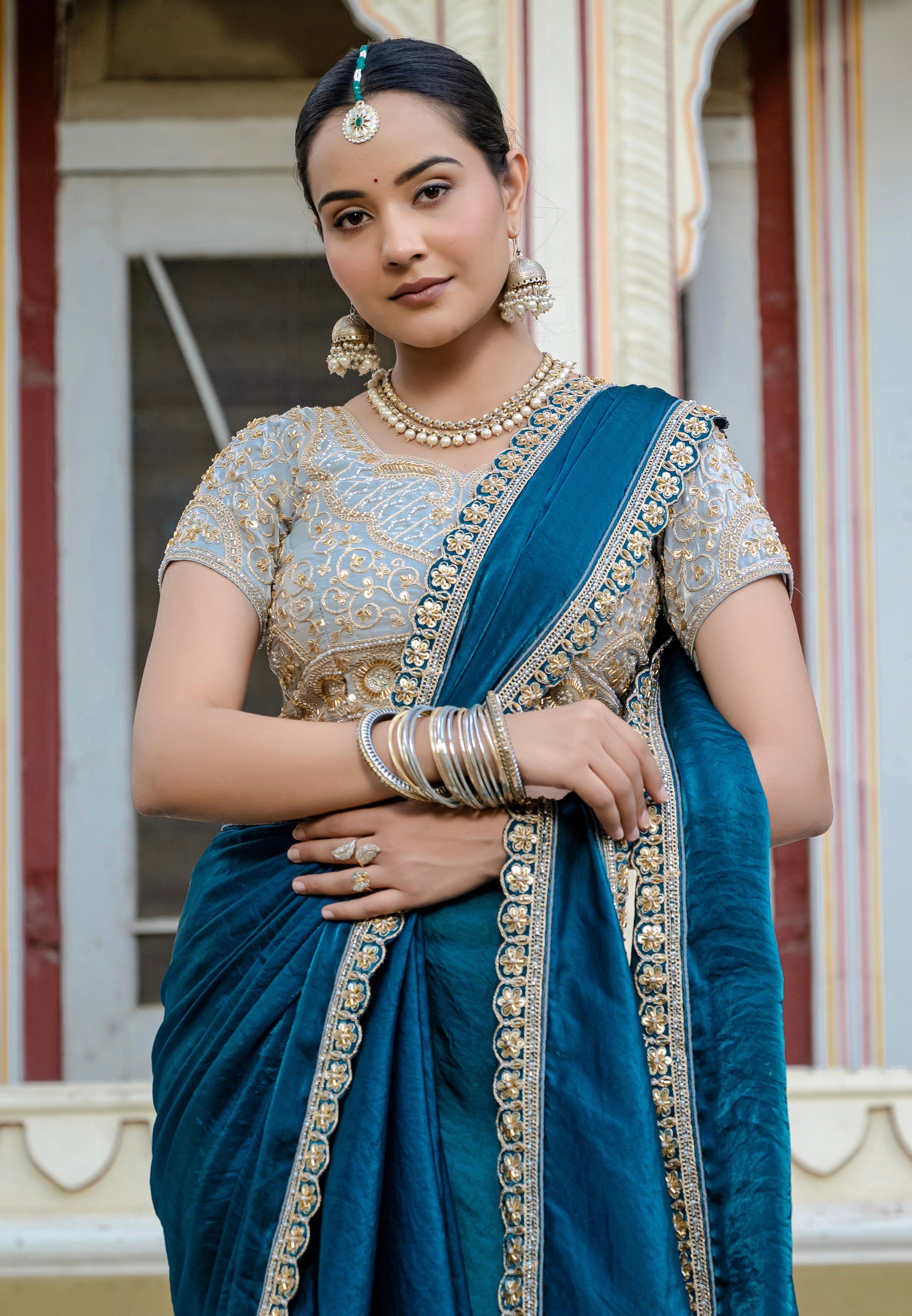 Teal Blue Color Satin with Velvet Lustre Saree With Handwork Lace