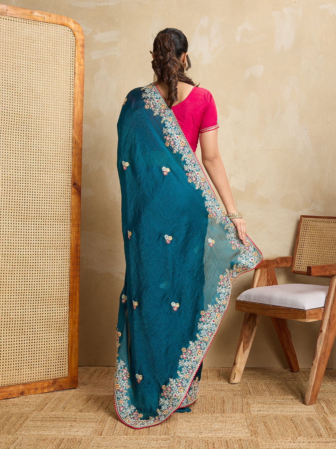 Teal Blue Designer Embroidery Work Frendy Chiffon Wedding Ceremony Special Saree