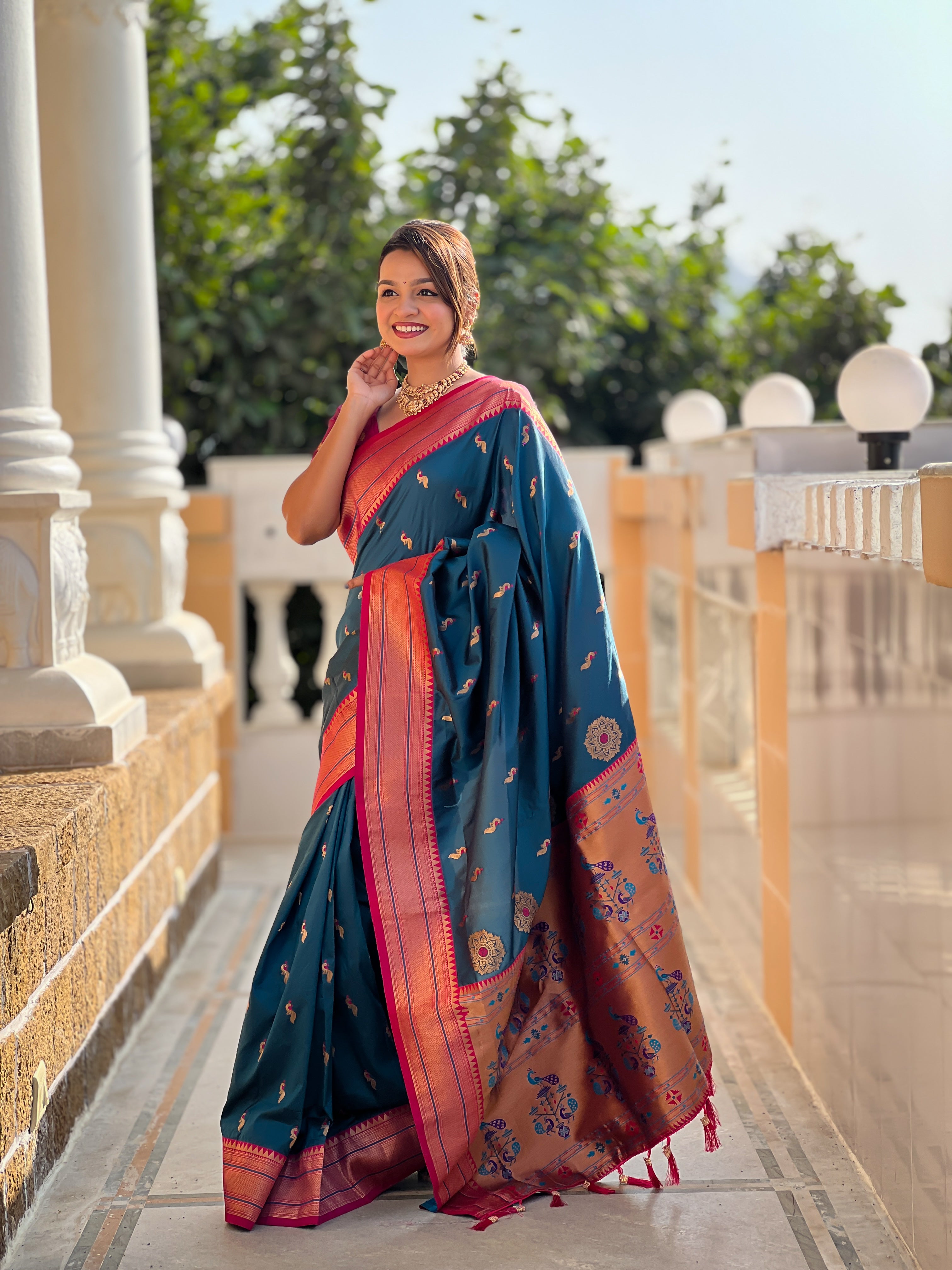 Teal Blue Ethnic Paithani Silk Woven Jacquard Designer Ceremonial Fancy Saree