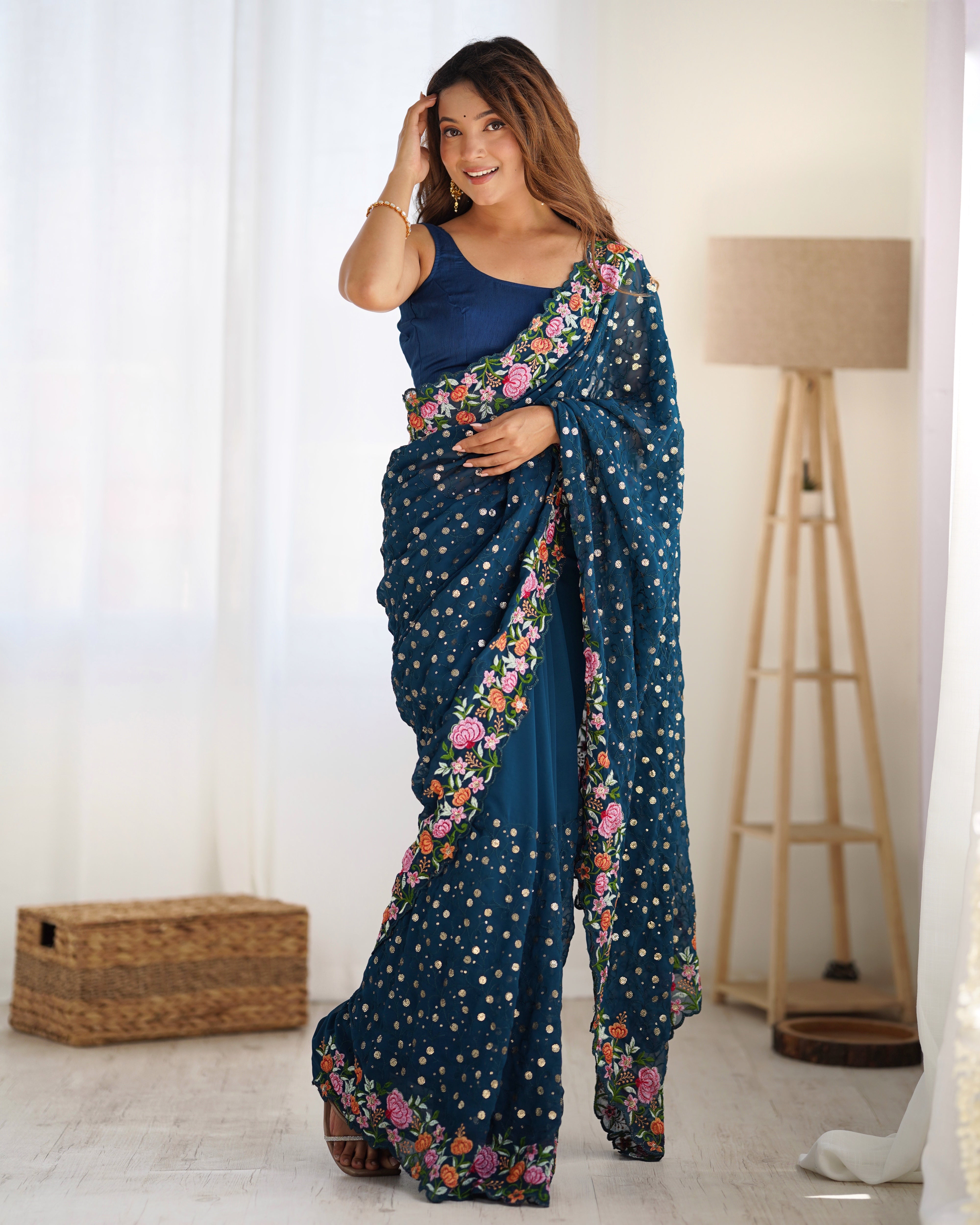 Teal Blue Georgette Fabric Designer Sequins Work Embroidery Saree
